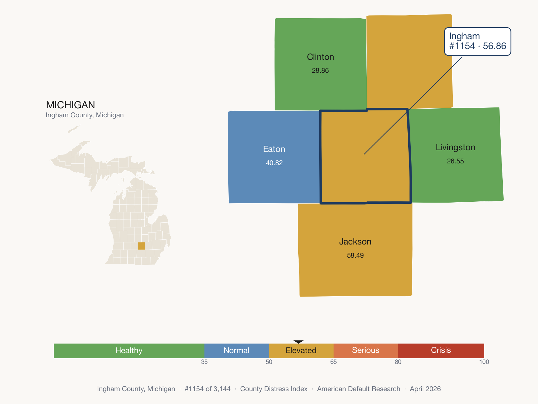 County Distress Index cluster map. Ingham County, Michigan and its neighbors colored by distress fifth.