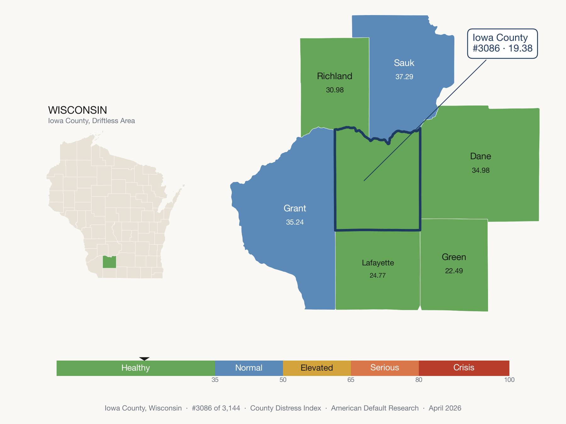 County Distress Index cluster map. Iowa County, Wisconsin and its neighbors colored by distress fifth.