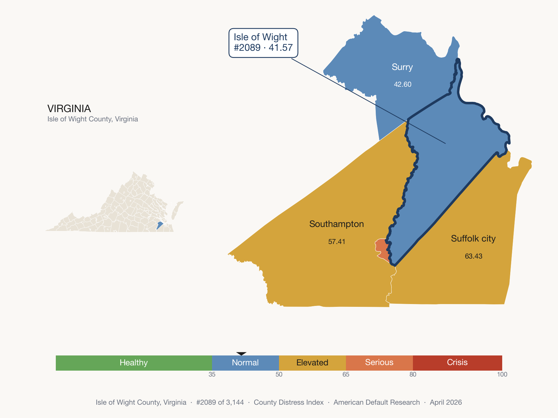 County Distress Index cluster map. Isle of Wight County, Virginia and its neighbors colored by distress fifth.