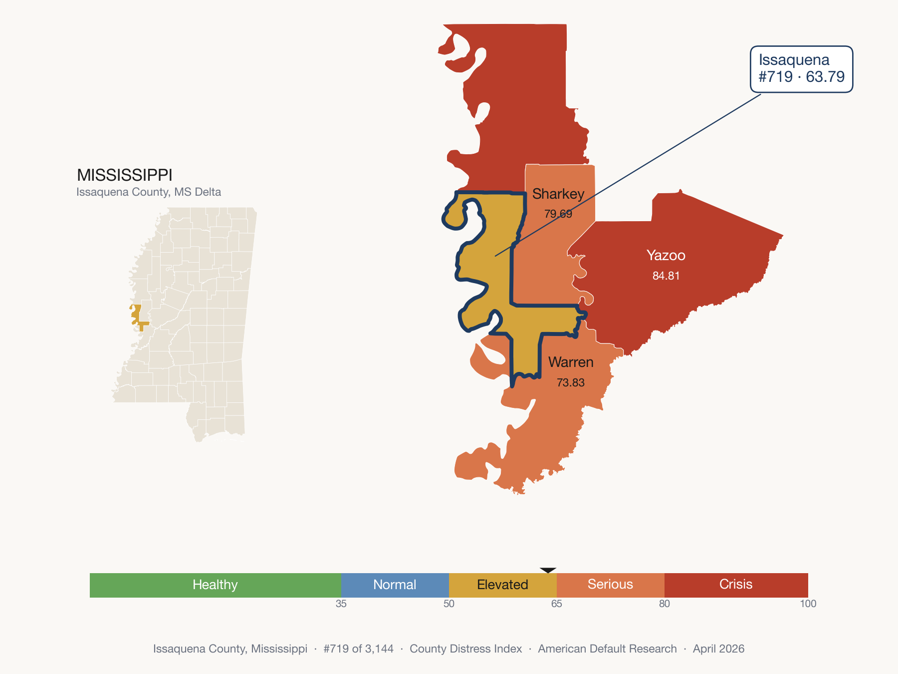 County Distress Index cluster map. Issaquena County, Mississippi and its neighbors colored by distress fifth.