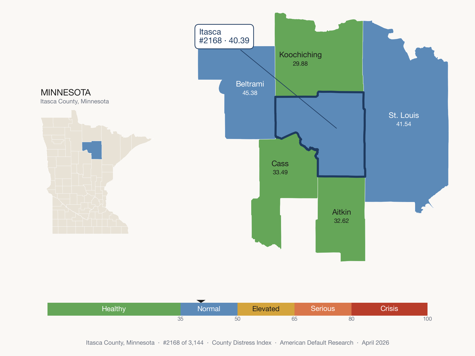 County Distress Index cluster map. Itasca County, Minnesota and its neighbors colored by distress fifth.
