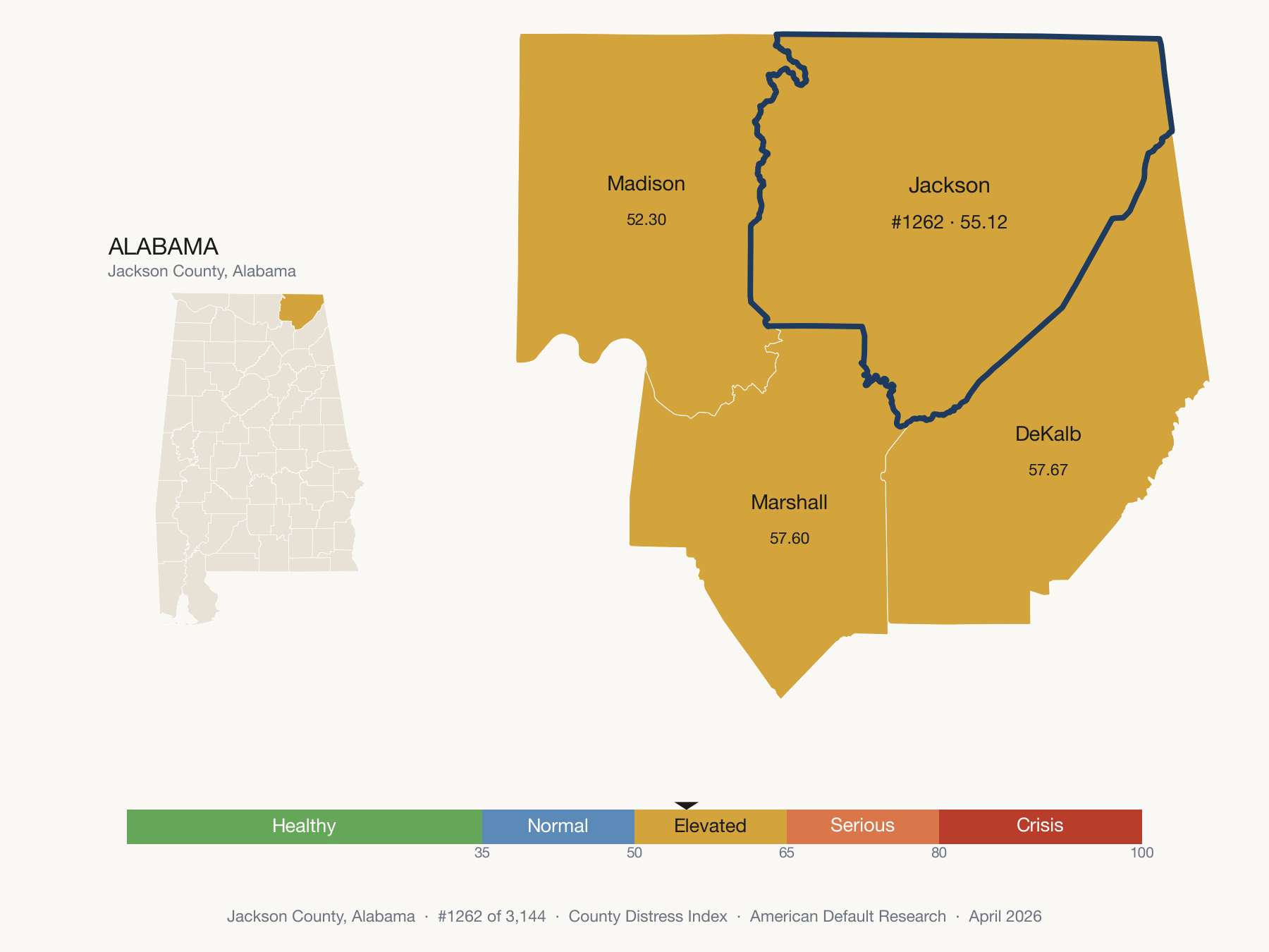 County Distress Index cluster map. Jackson County, Alabama and its neighbors colored by distress fifth.