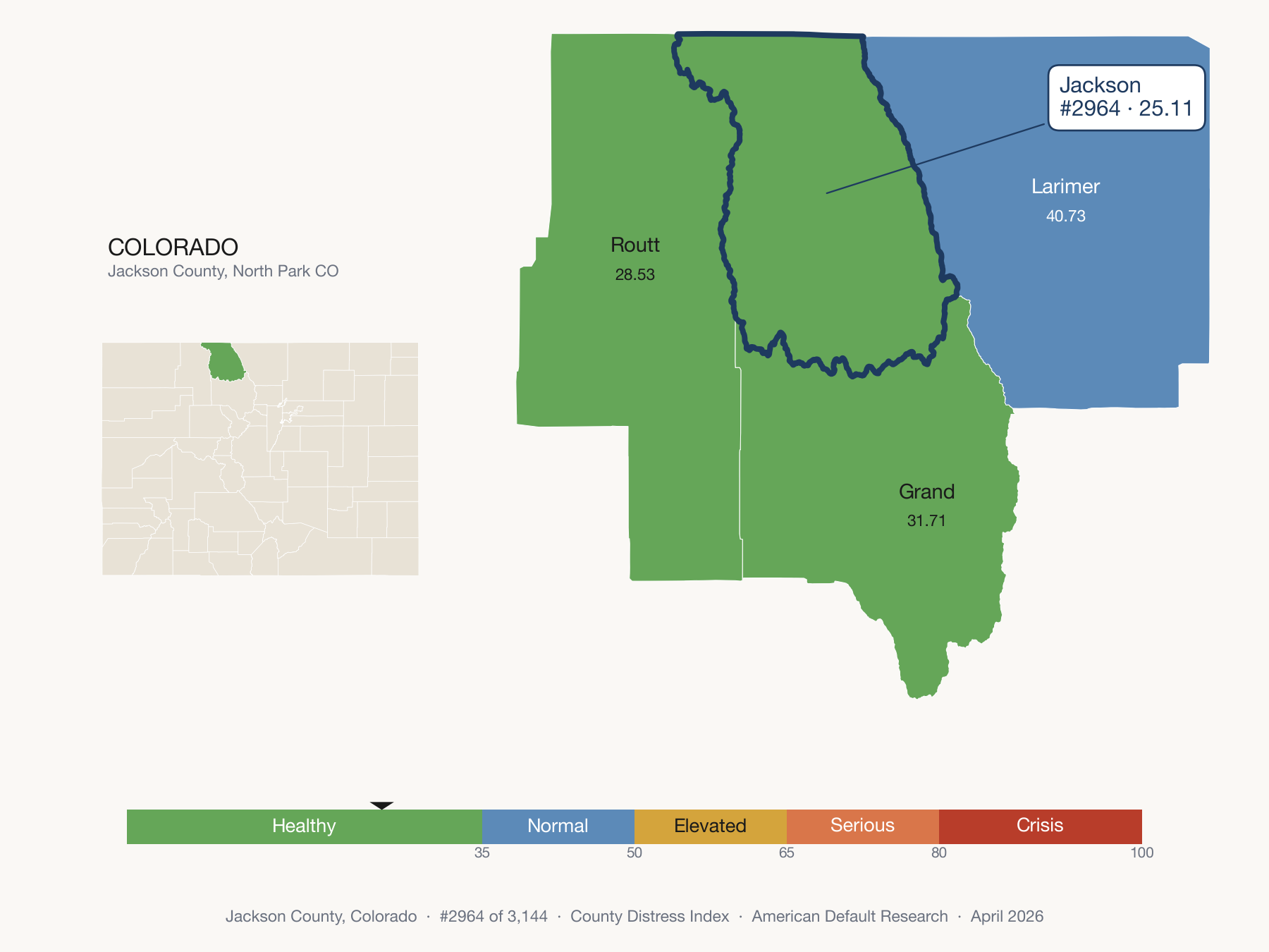 County Distress Index cluster map. Jackson County, Colorado and its neighbors colored by distress fifth.