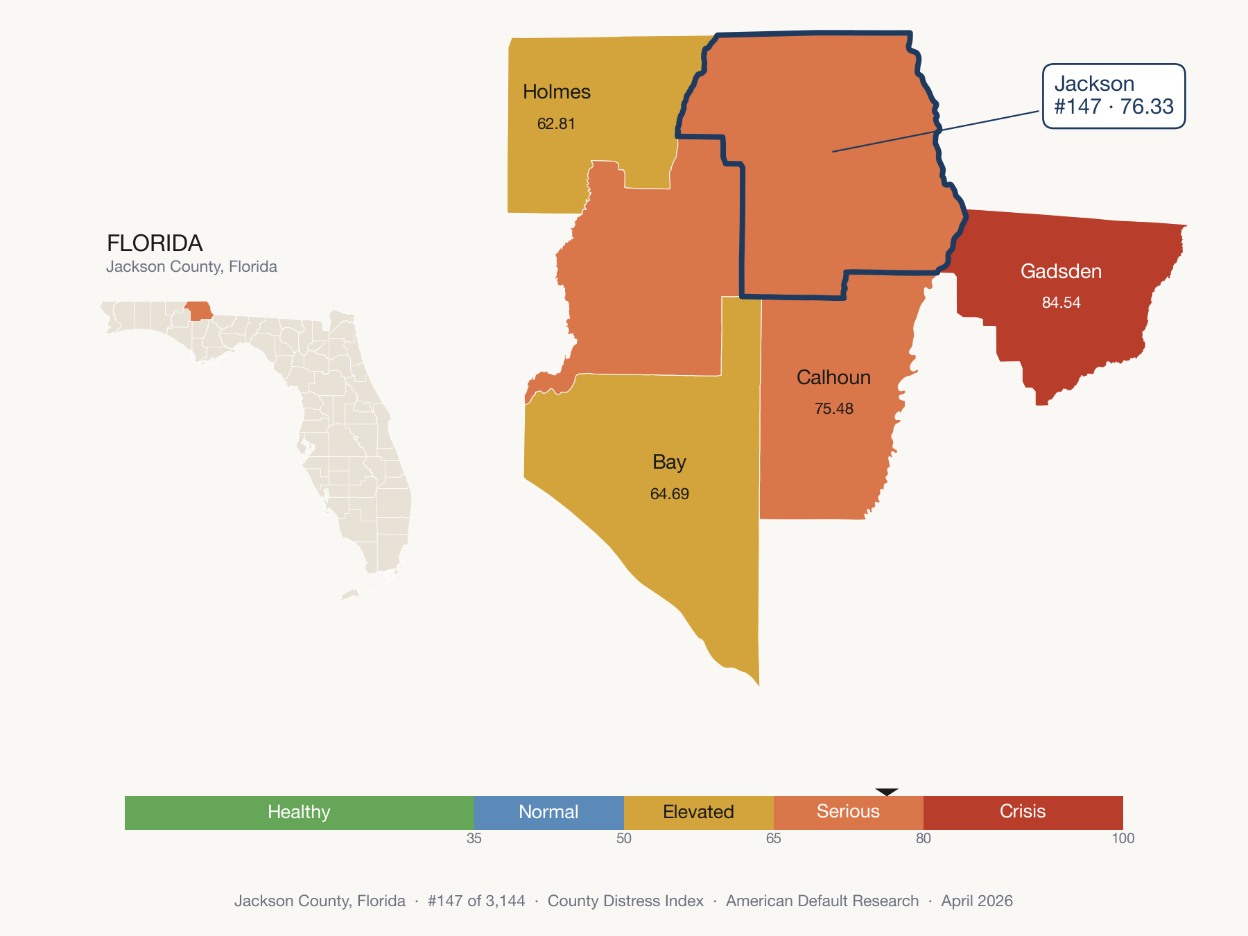 County Distress Index cluster map. Jackson County, Florida and its neighbors colored by distress fifth.
