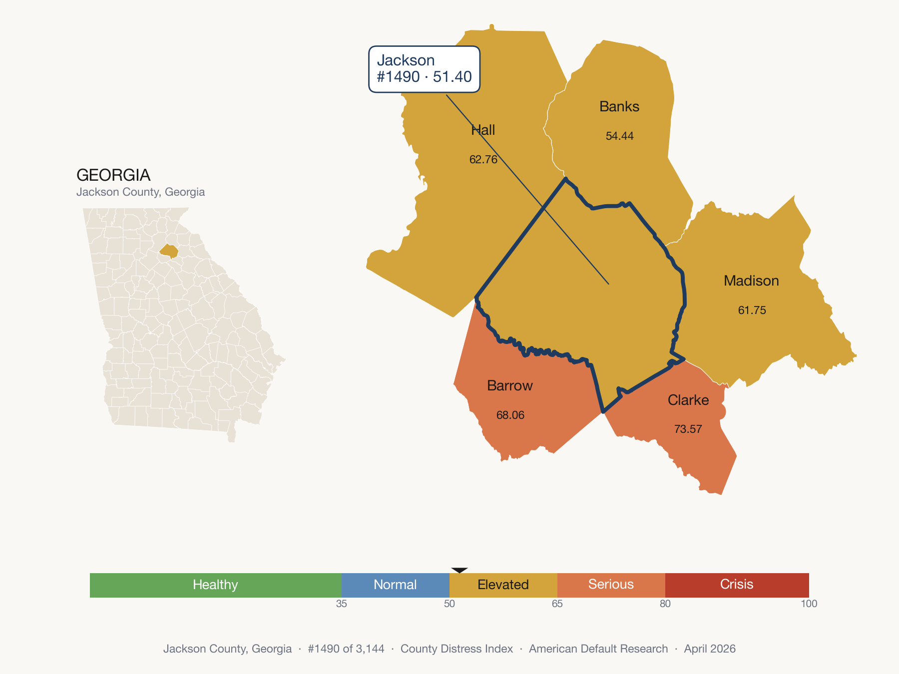County Distress Index cluster map. Jackson County, Georgia and its neighbors colored by distress fifth.