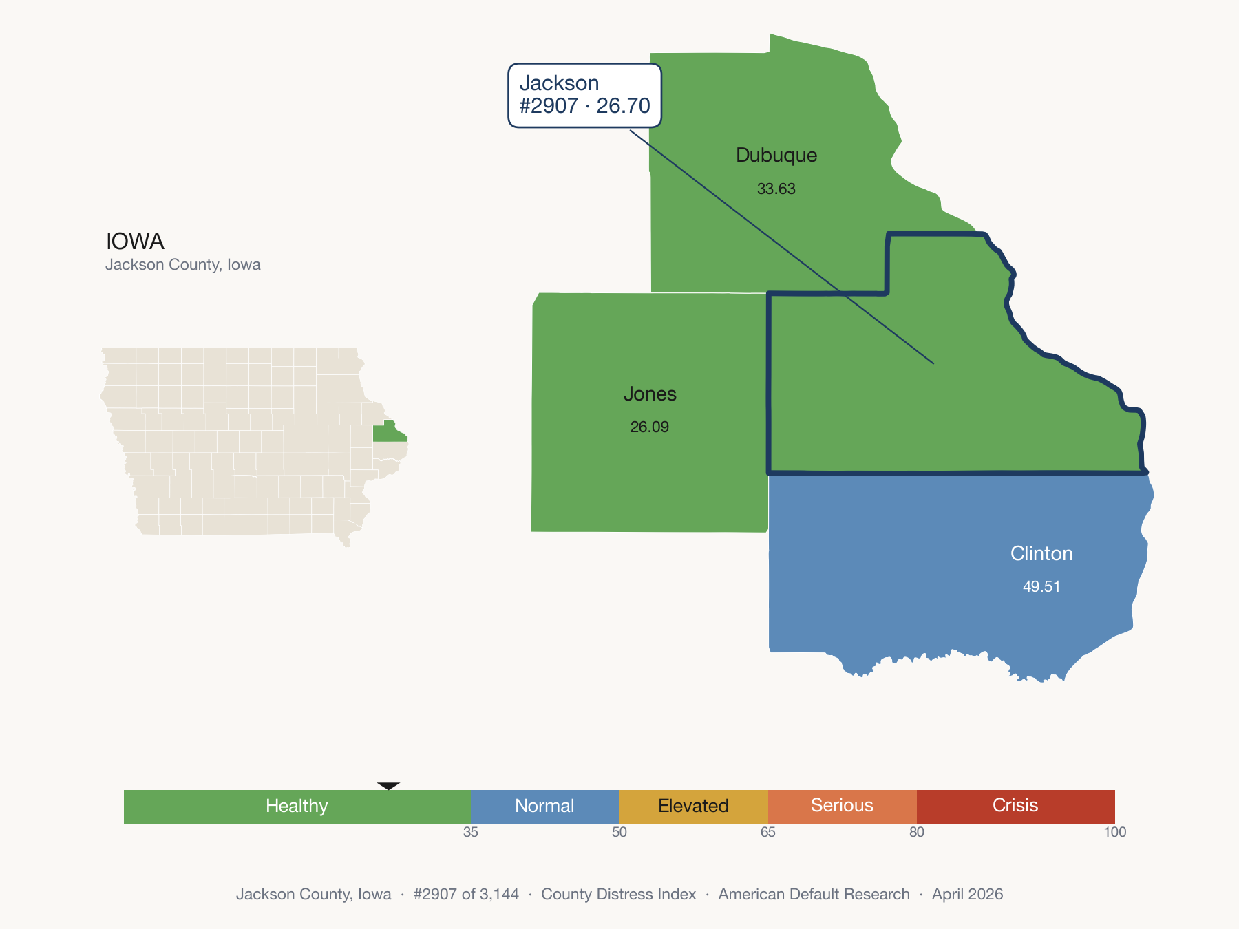 County Distress Index cluster map. Jackson County, Iowa and its neighbors colored by distress fifth.
