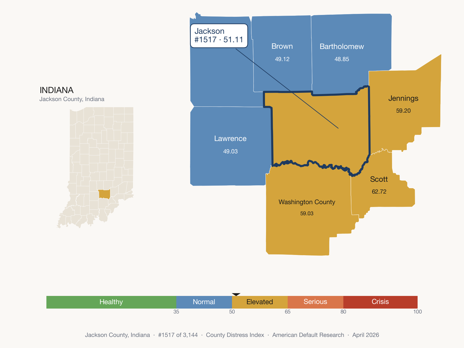 County Distress Index cluster map. Jackson County, Indiana and its neighbors colored by distress fifth.