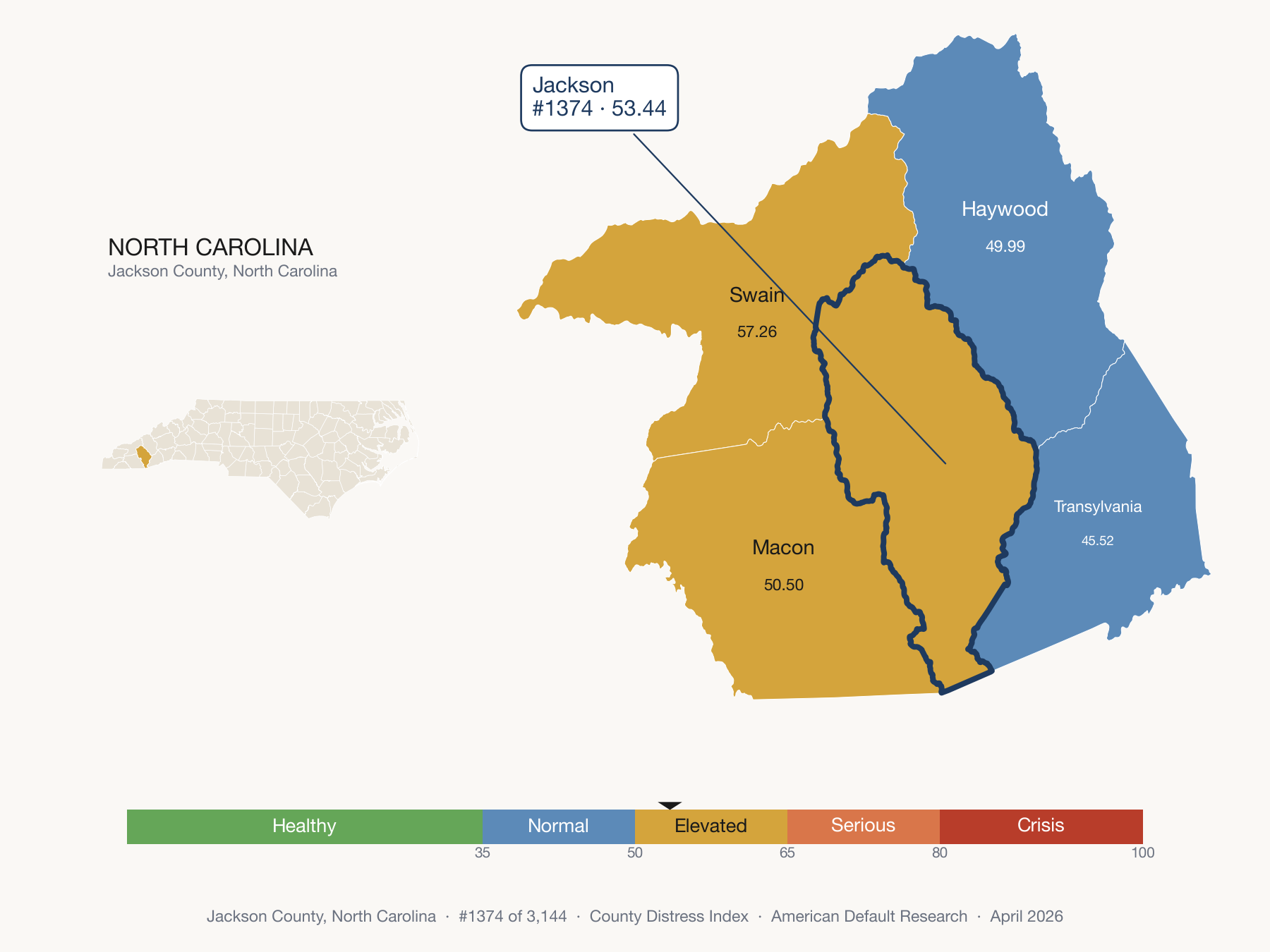 County Distress Index cluster map. Jackson County, North Carolina and its neighbors colored by distress fifth.