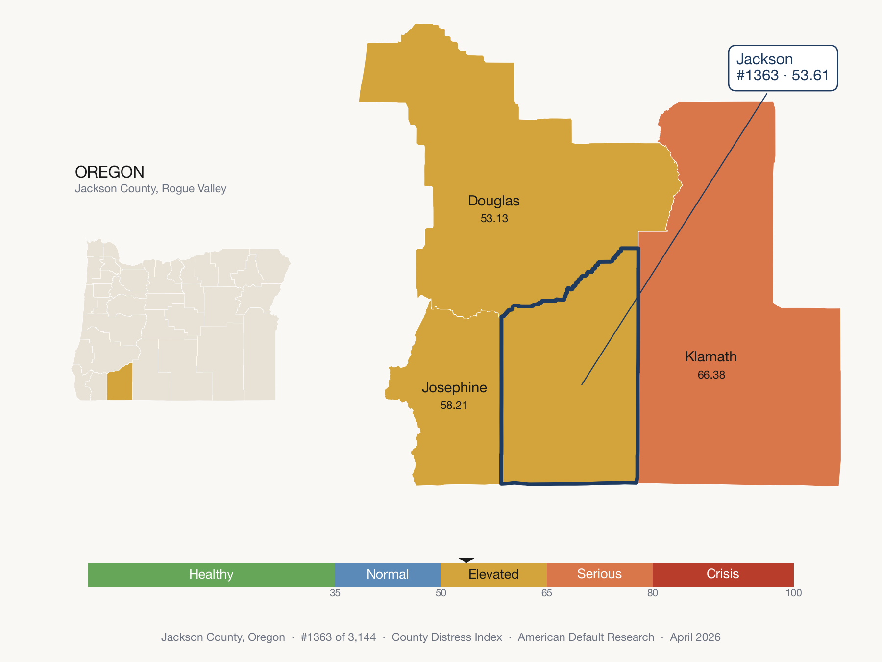 County Distress Index cluster map. Jackson County, Oregon and its neighbors colored by distress fifth.