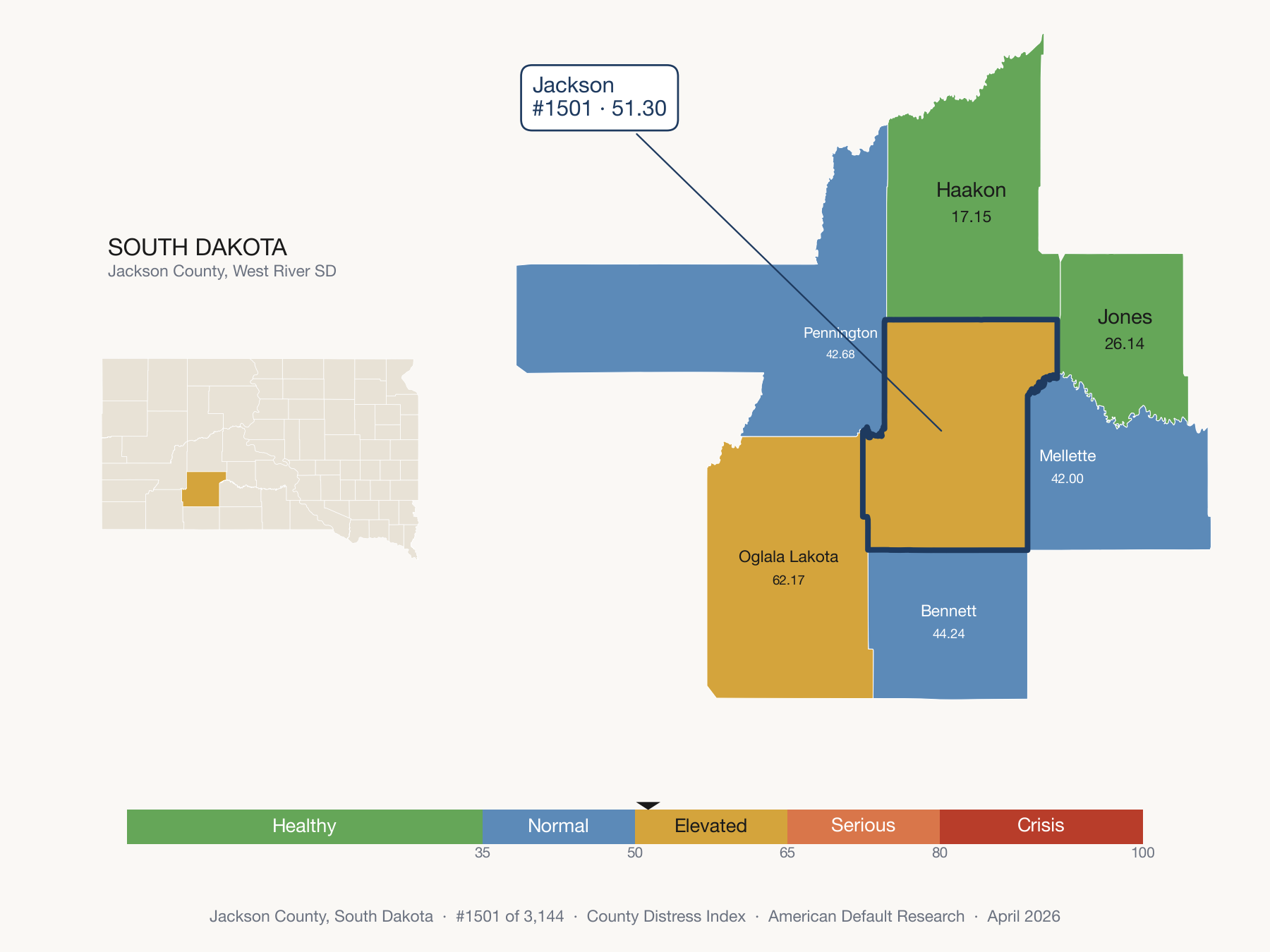 County Distress Index cluster map. Jackson County, South Dakota and its neighbors colored by distress fifth.