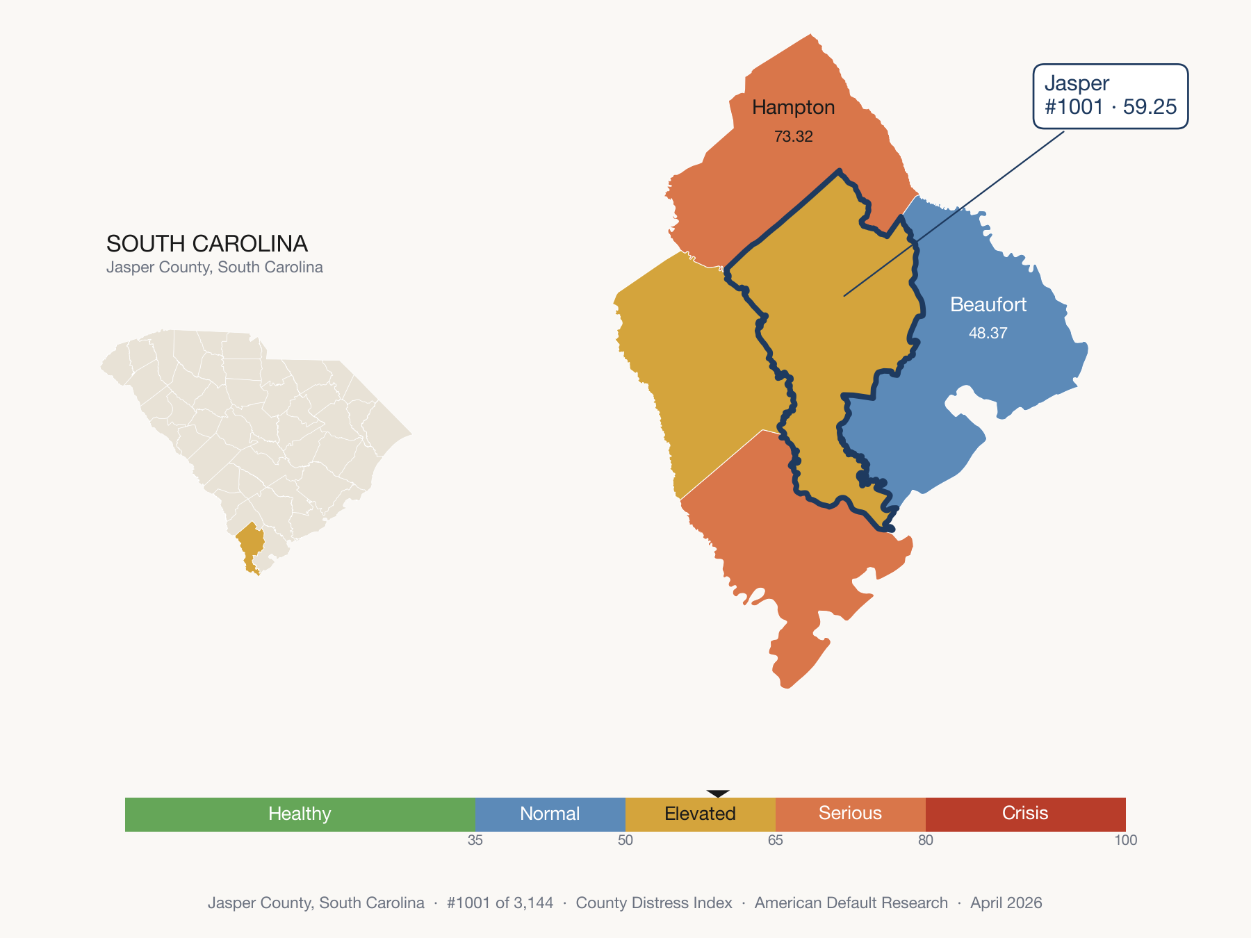 County Distress Index cluster map. Jasper County, South Carolina and its neighbors colored by distress fifth.