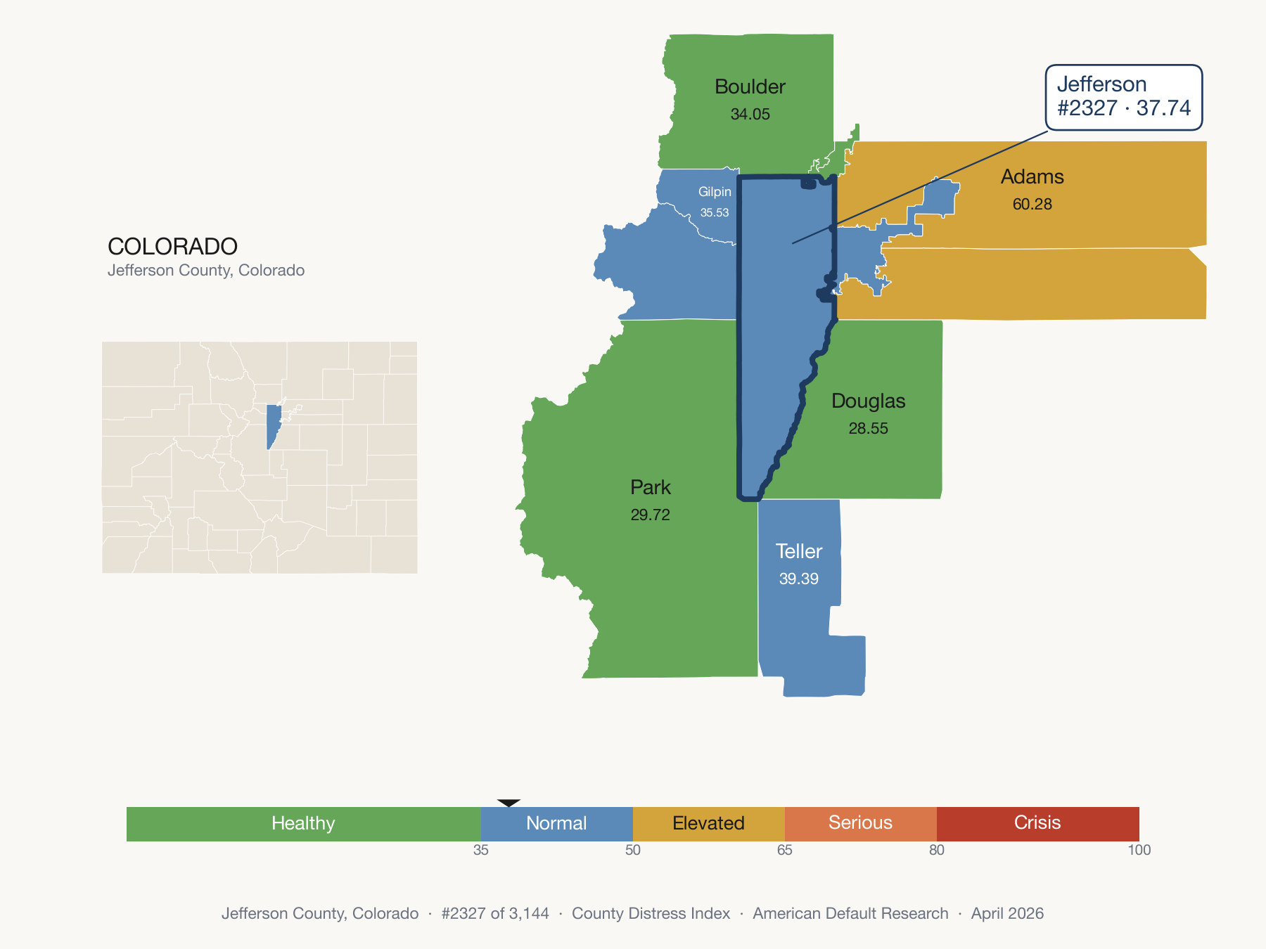 County Distress Index cluster map. Jefferson County, Colorado and its neighbors colored by distress fifth.