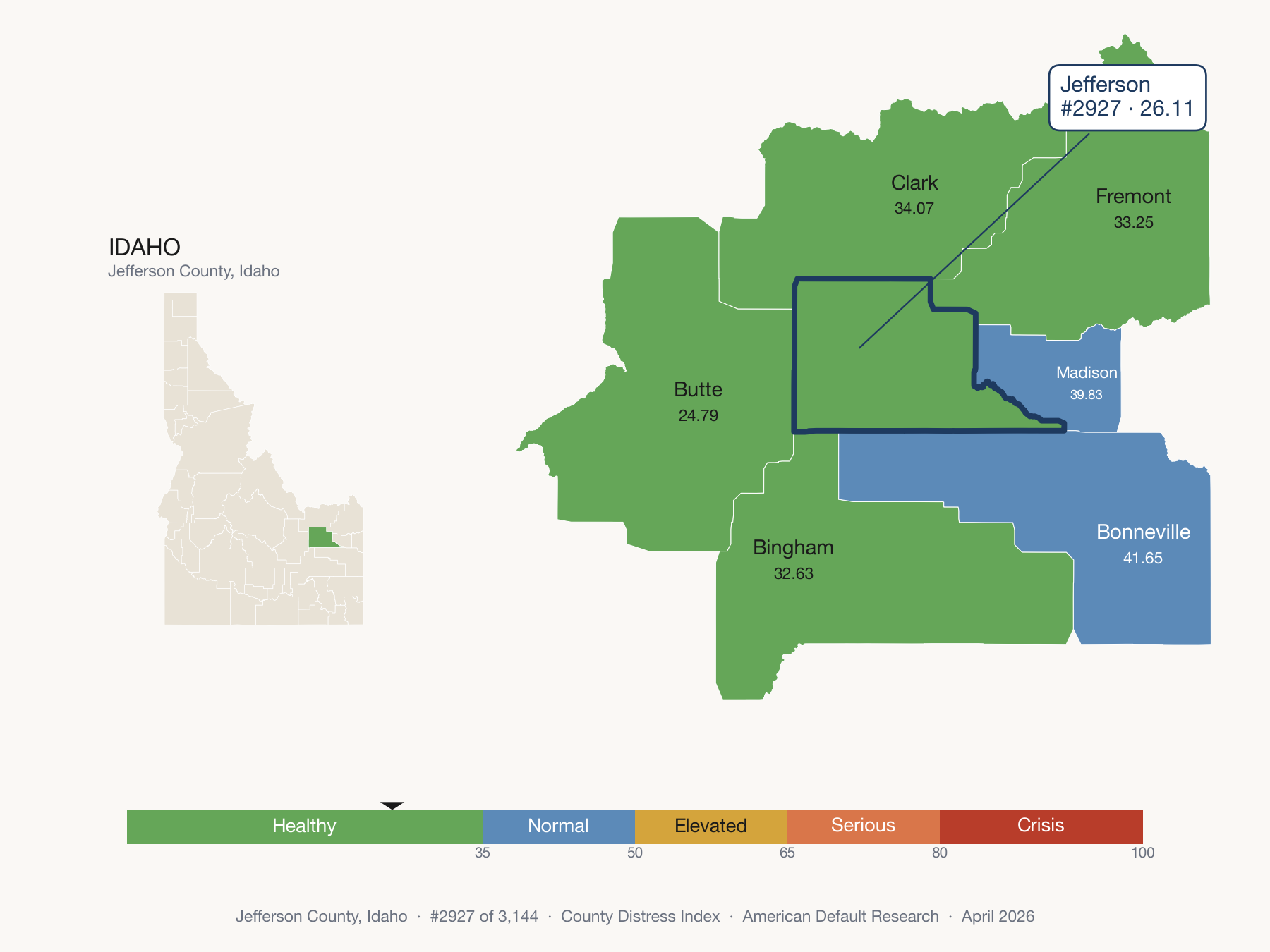 County Distress Index cluster map. Jefferson County, Idaho and its neighbors colored by distress fifth.