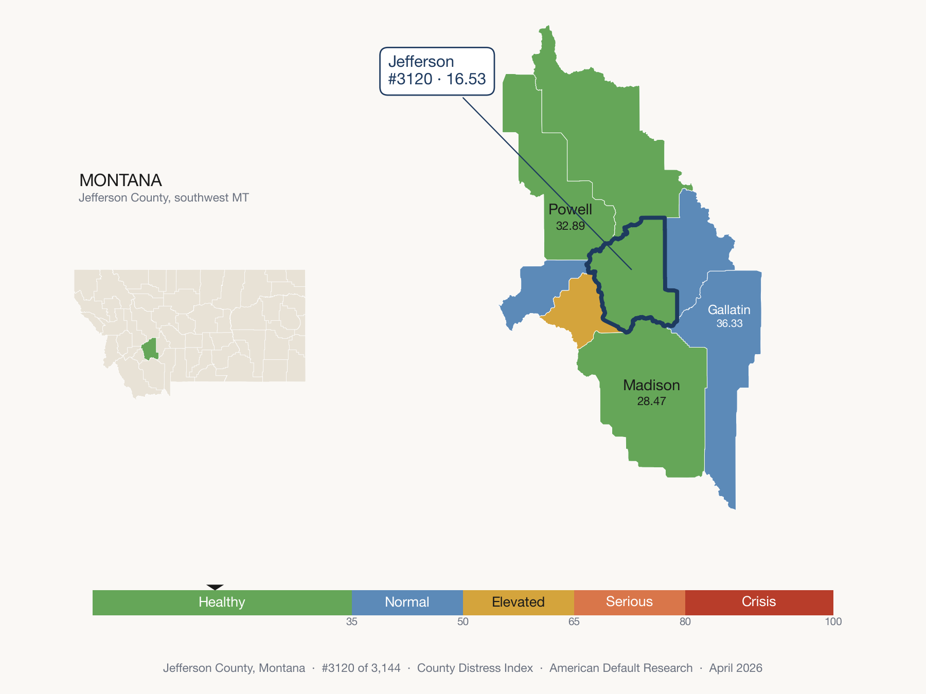County Distress Index cluster map. Jefferson County, Montana and its neighbors colored by distress fifth.