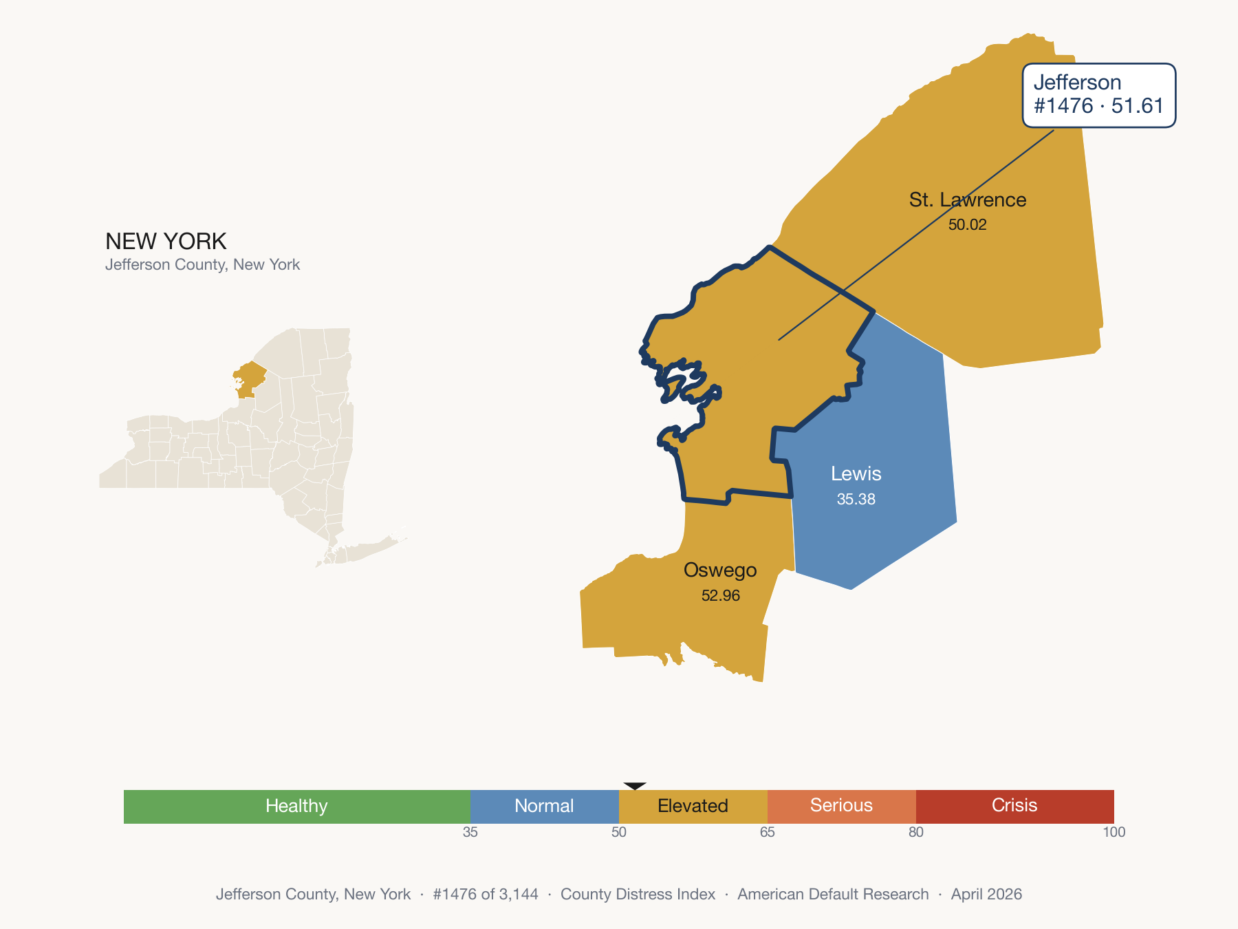 County Distress Index cluster map. Jefferson County, New York and its neighbors colored by distress fifth.