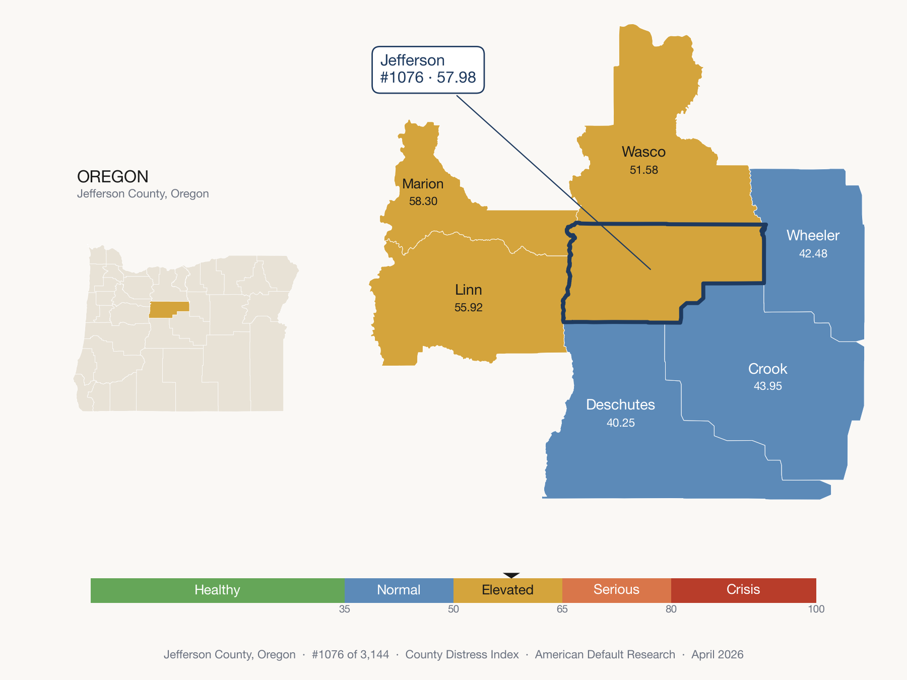 County Distress Index cluster map. Jefferson County, Oregon and its neighbors colored by distress fifth.
