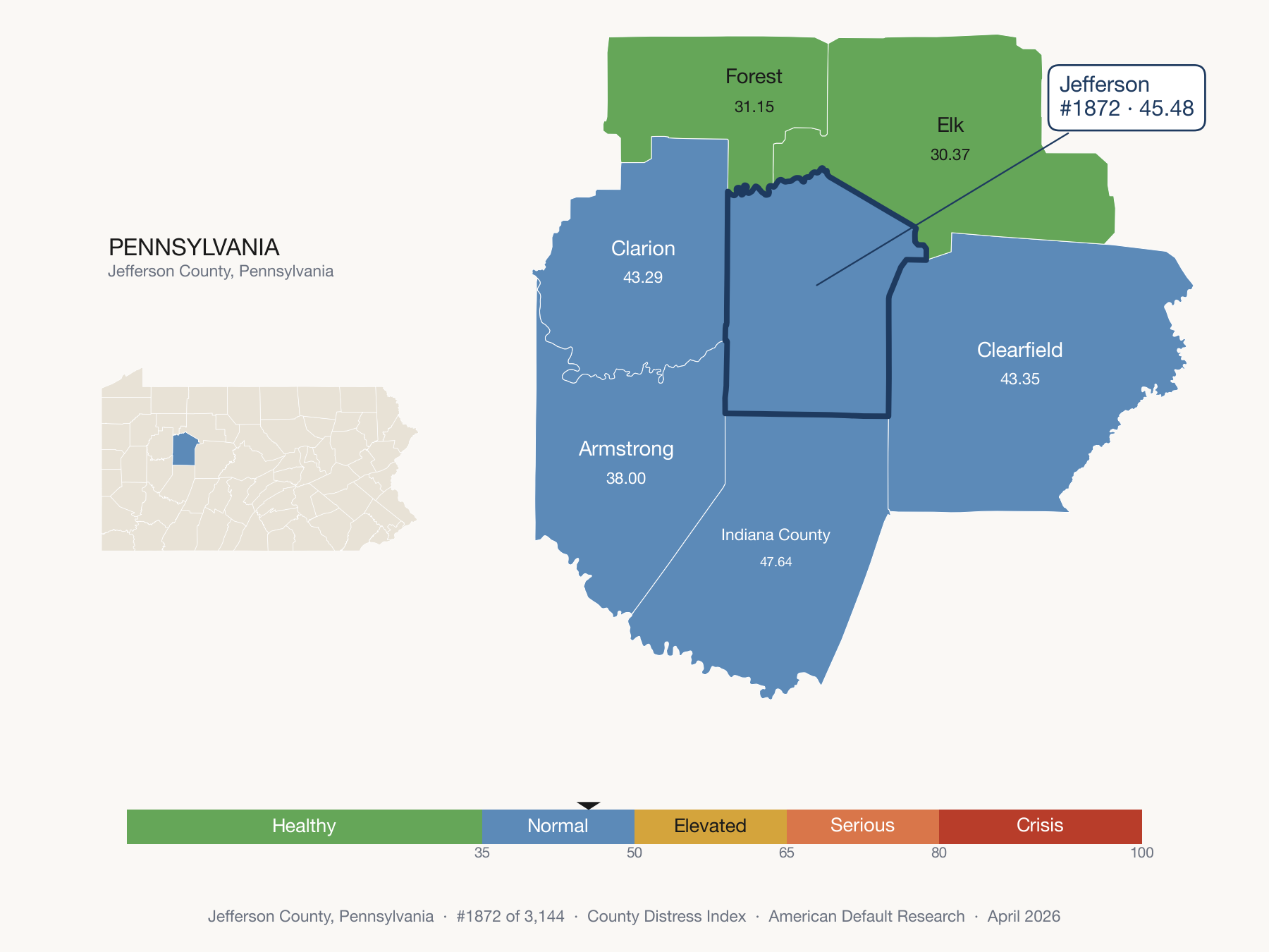 County Distress Index cluster map. Jefferson County, Pennsylvania and its neighbors colored by distress fifth.