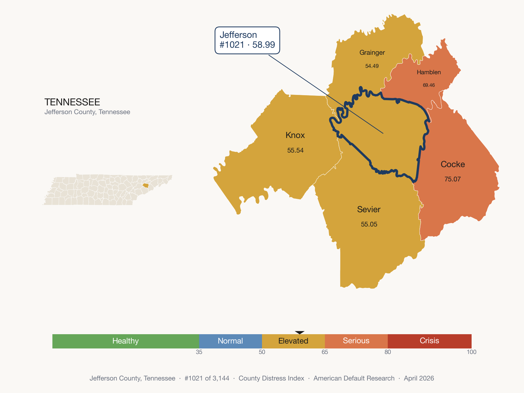 County Distress Index cluster map. Jefferson County, Tennessee and its neighbors colored by distress fifth.