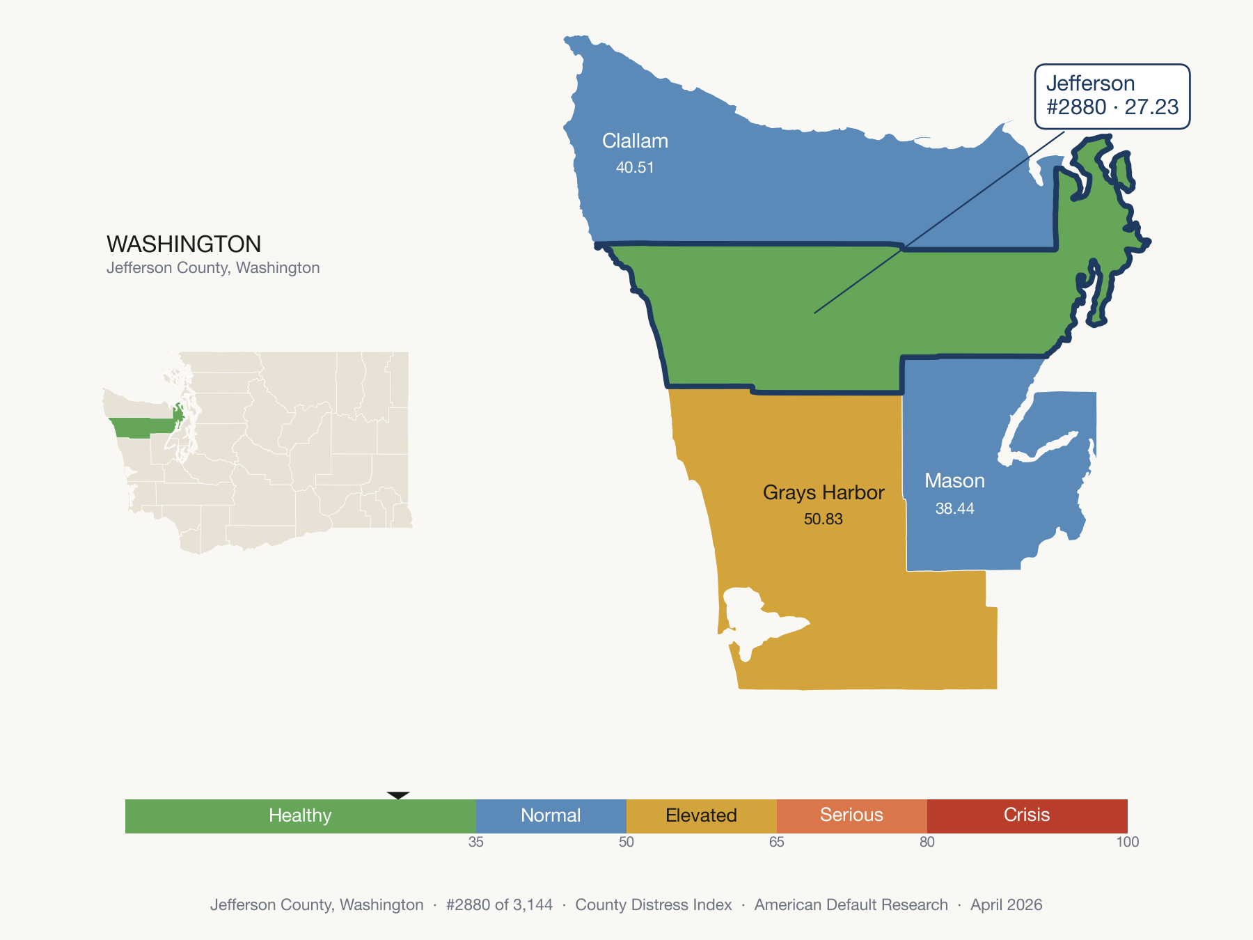 County Distress Index cluster map. Jefferson County, Washington and its neighbors colored by distress fifth.