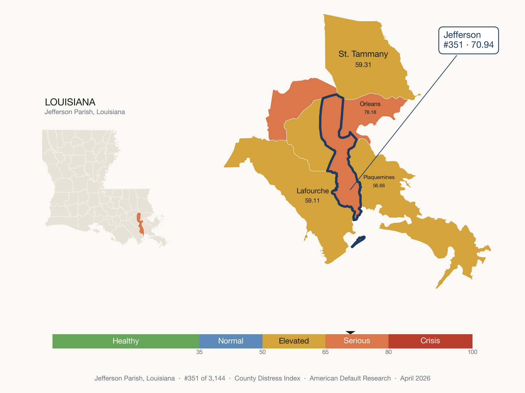 County Distress Index cluster map. Jefferson Parish, Louisiana and its neighbors colored by distress fifth.