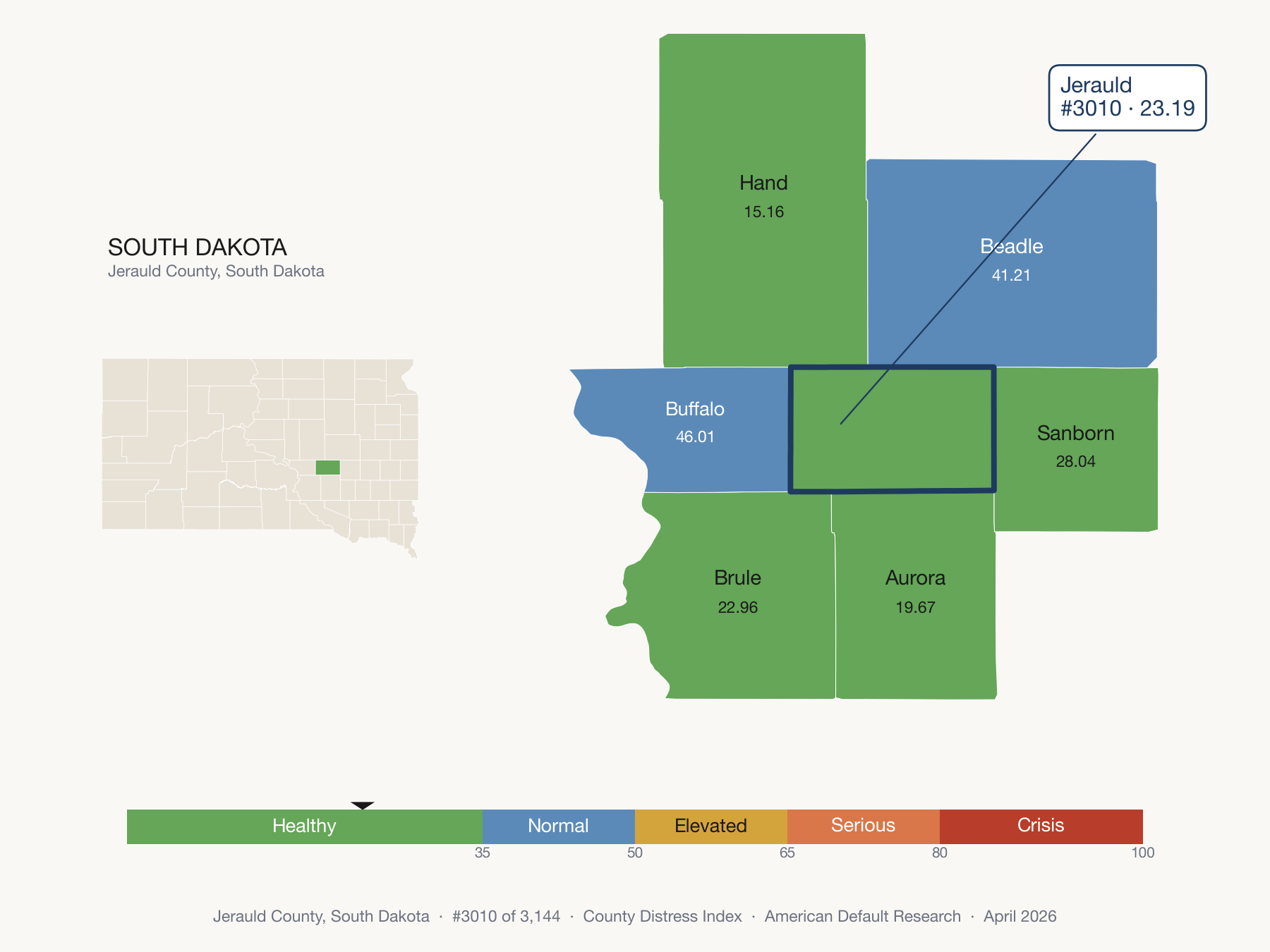 County Distress Index cluster map. Jerauld County, South Dakota and its neighbors colored by distress fifth.