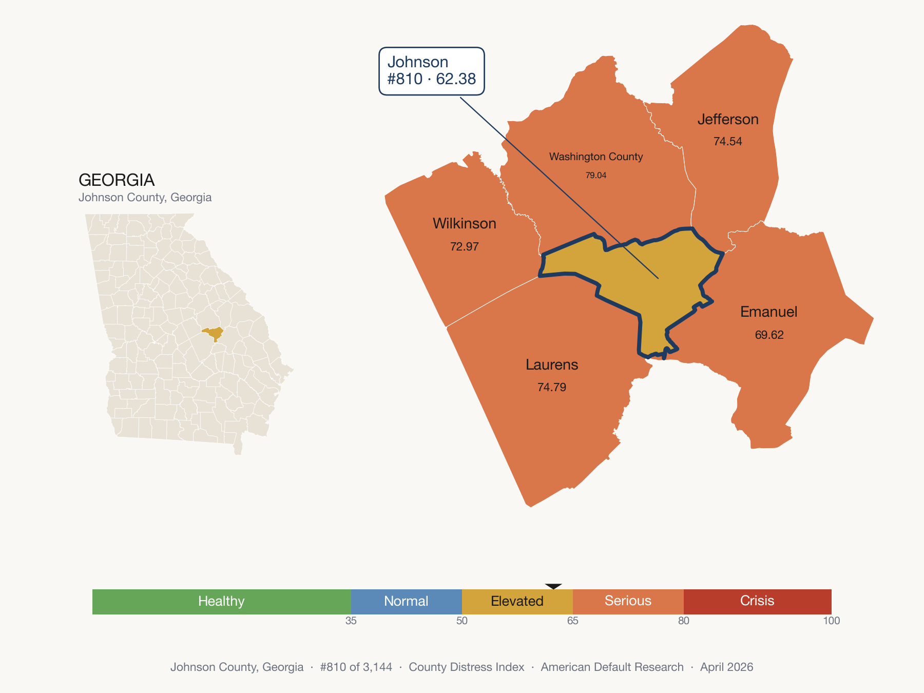 County Distress Index cluster map. Johnson County, Georgia and its neighbors colored by distress fifth.
