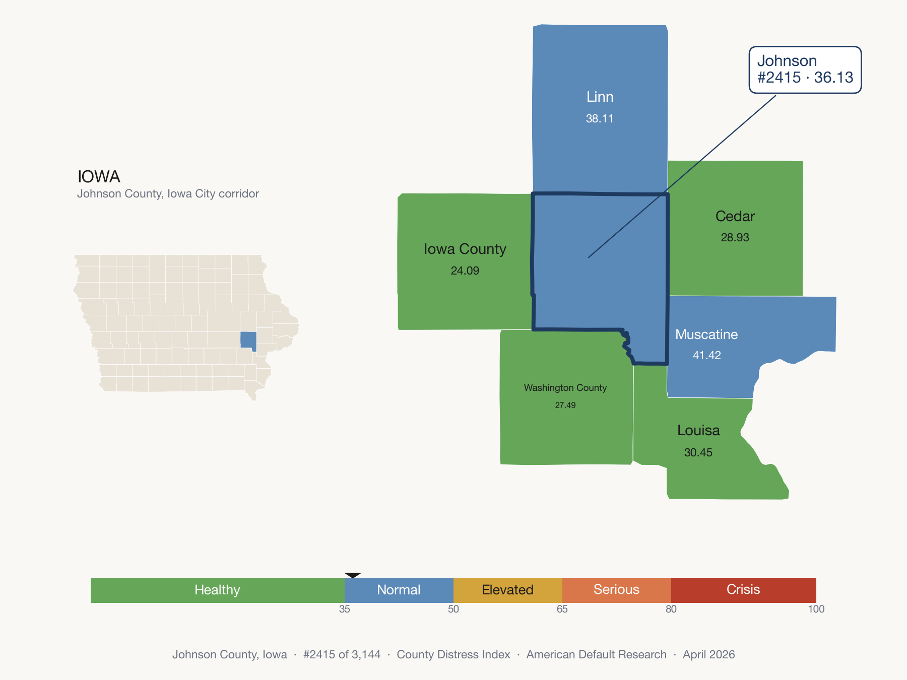 County Distress Index cluster map. Johnson County, Iowa and its neighbors colored by distress fifth.