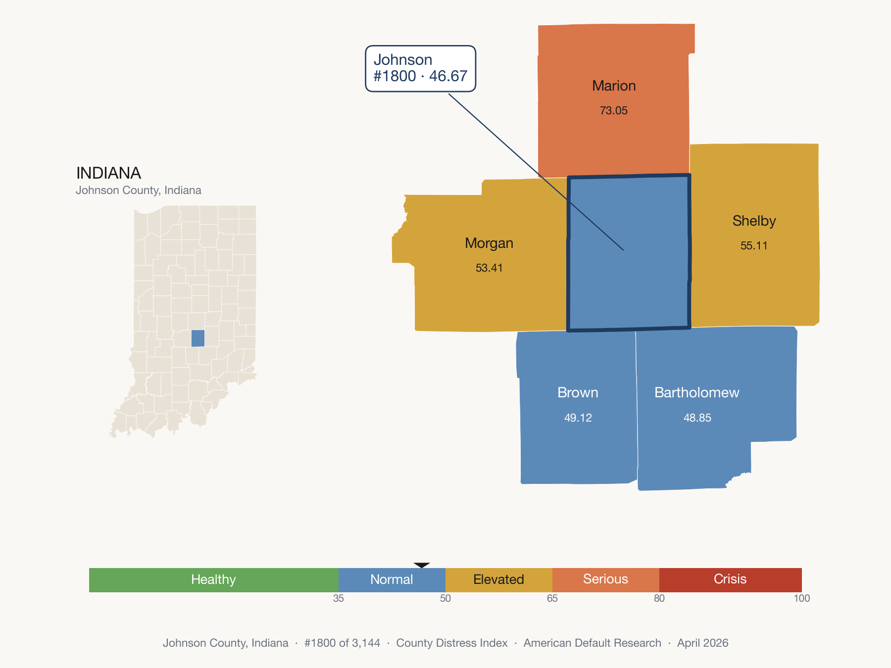 County Distress Index cluster map. Johnson County, Indiana and its neighbors colored by distress fifth.