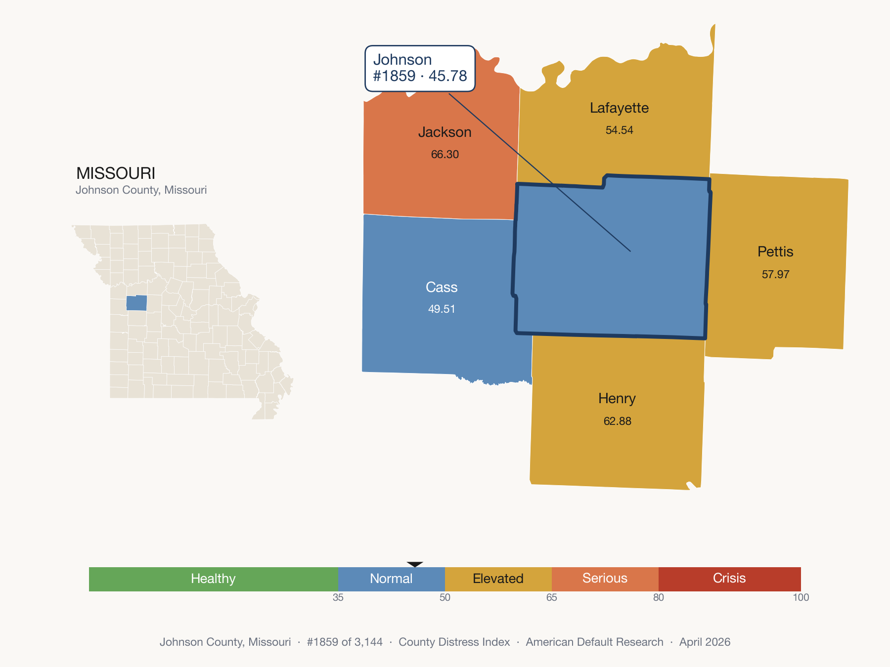 County Distress Index cluster map. Johnson County, Missouri and its neighbors colored by distress fifth.