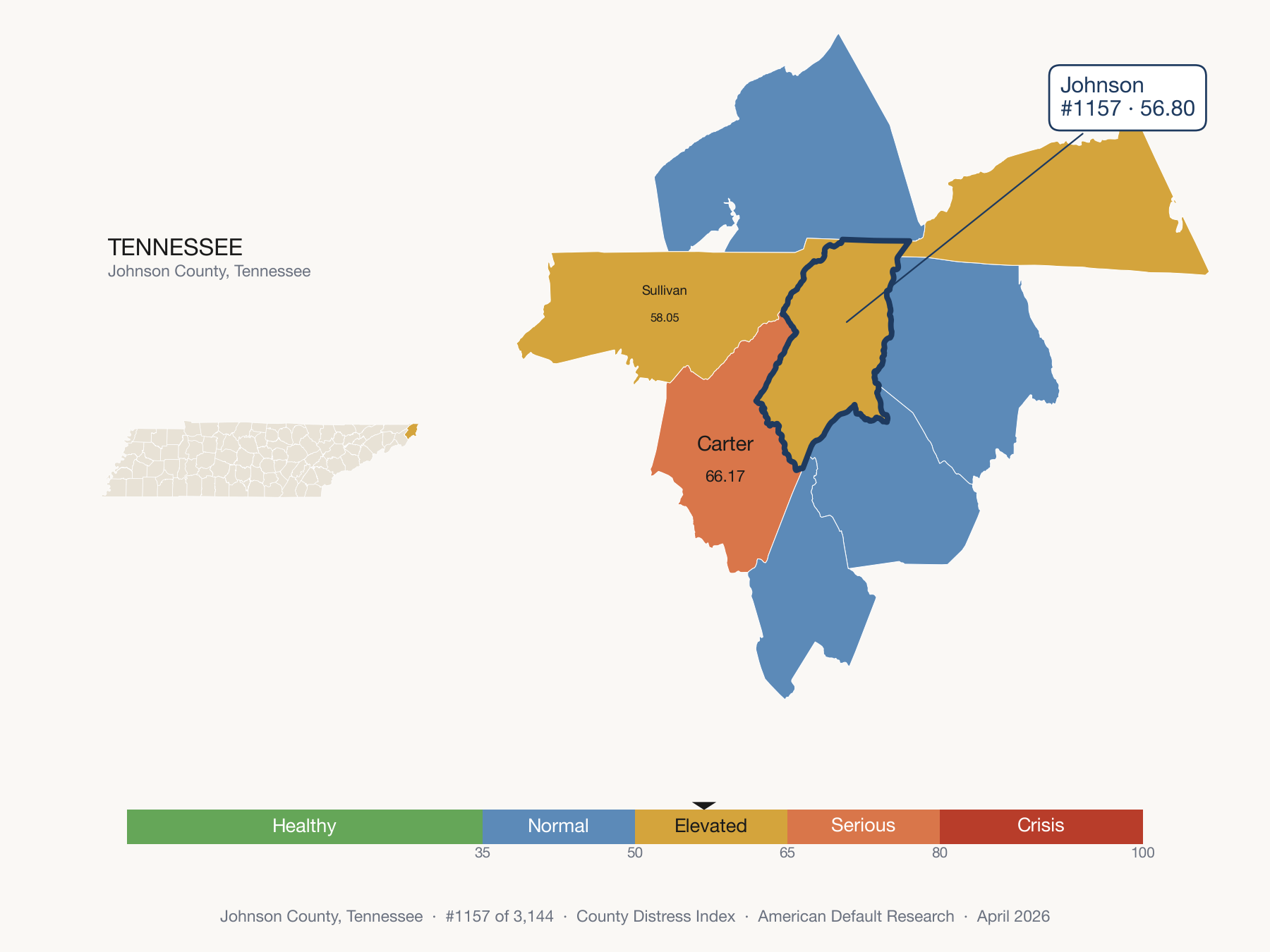 County Distress Index cluster map. Johnson County, Tennessee and its neighbors colored by distress fifth.