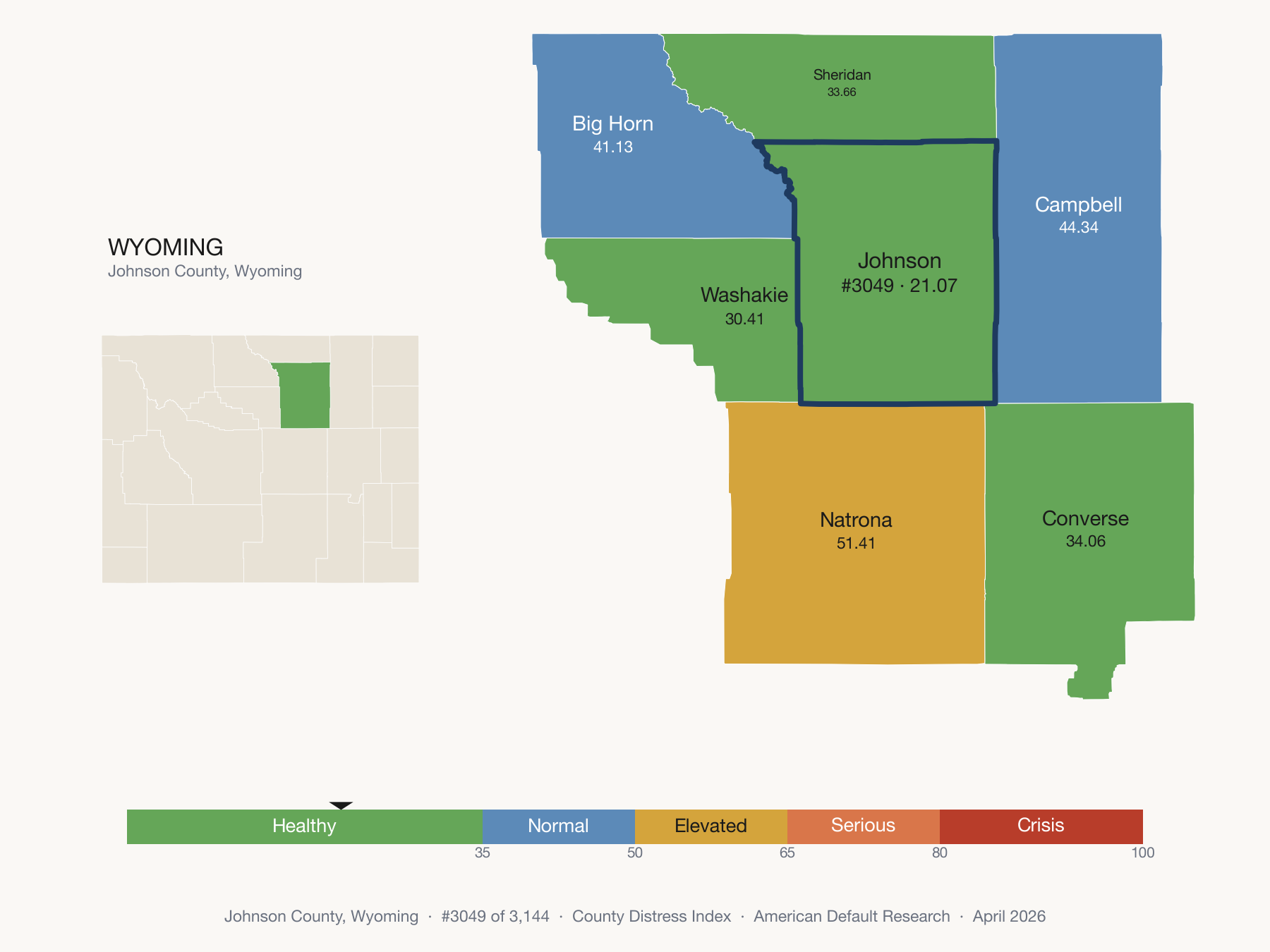 County Distress Index cluster map. Johnson County, Wyoming and its neighbors colored by distress fifth.