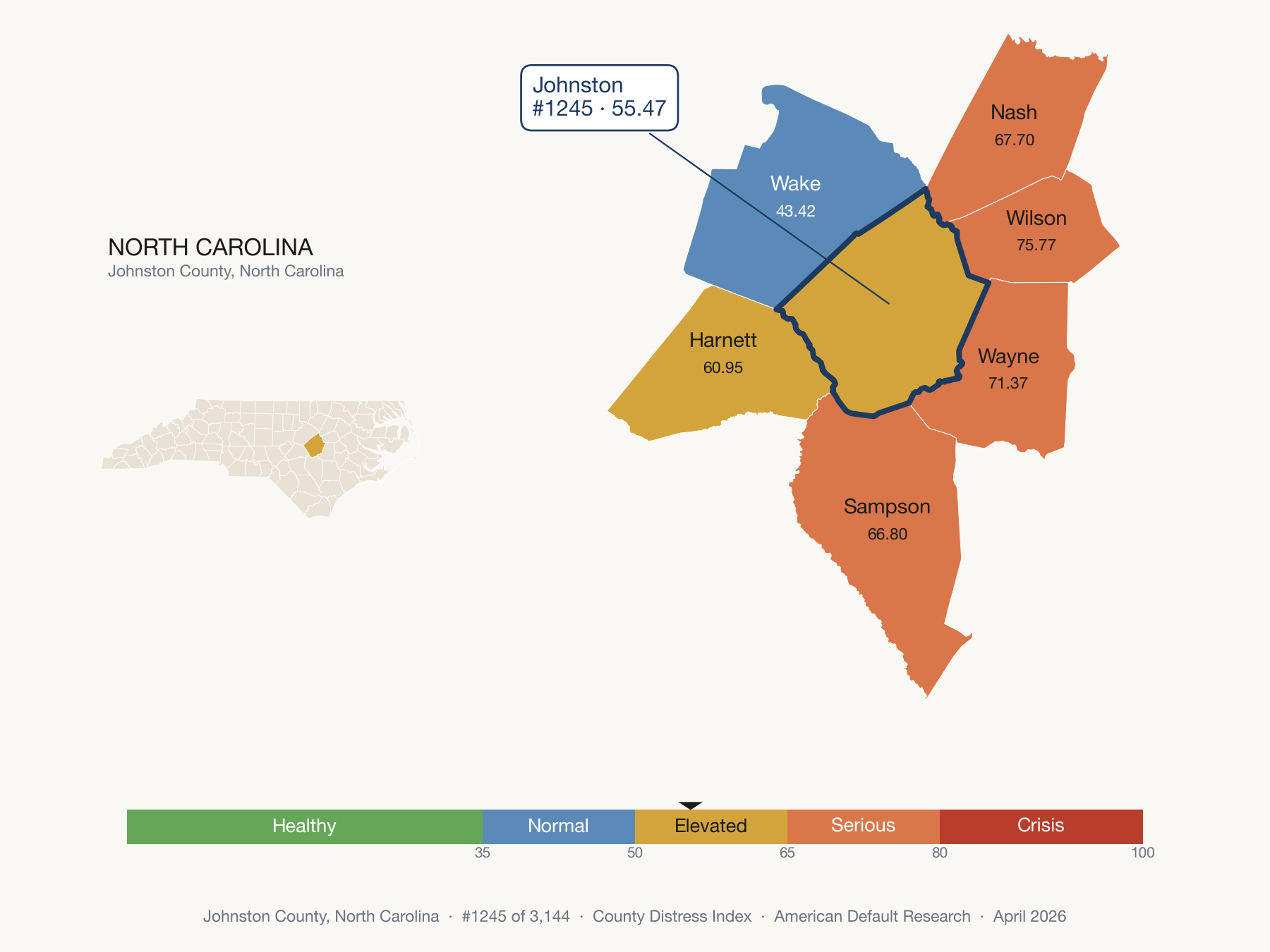 County Distress Index cluster map. Johnston County, North Carolina and its neighbors colored by distress fifth.