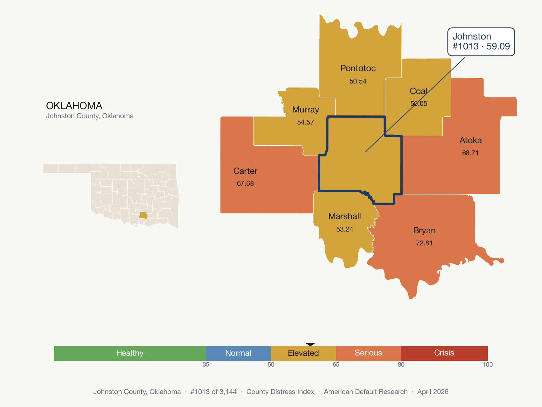 County Distress Index cluster map. Johnston County, Oklahoma and its neighbors colored by distress fifth.