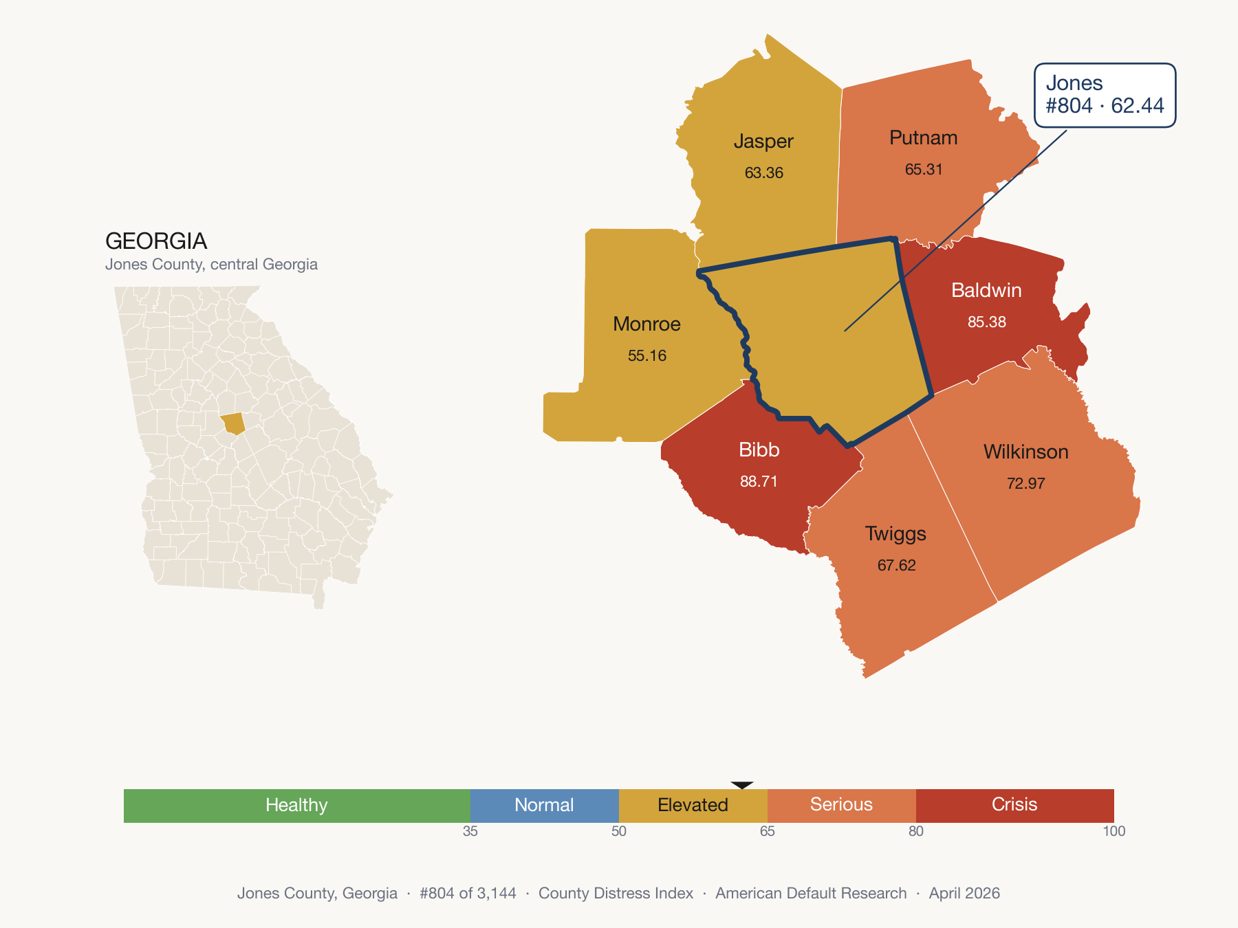 County Distress Index cluster map. Jones County, Georgia and its neighbors colored by distress fifth.