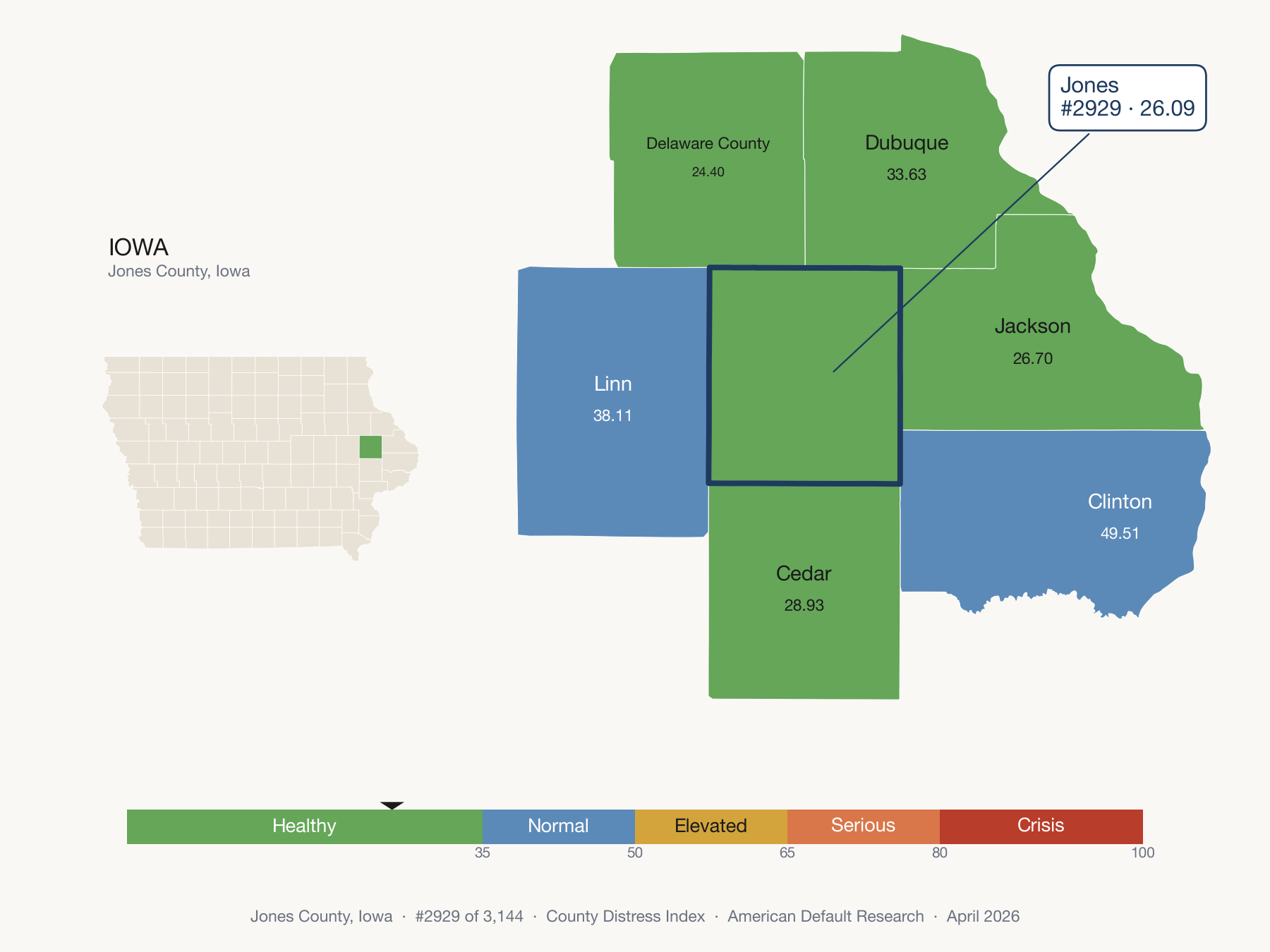 County Distress Index cluster map. Jones County, Iowa and its neighbors colored by distress fifth.