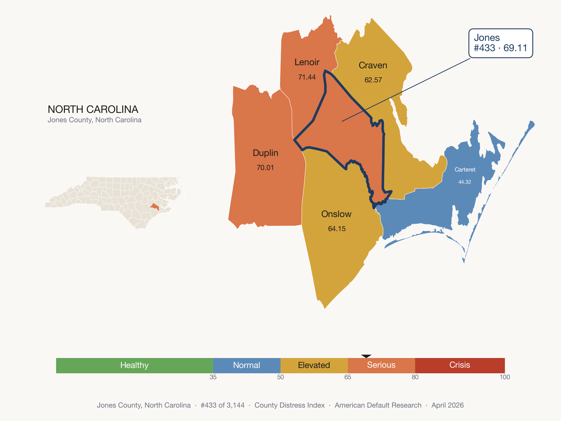 County Distress Index cluster map. Jones County, North Carolina and its neighbors colored by distress fifth.
