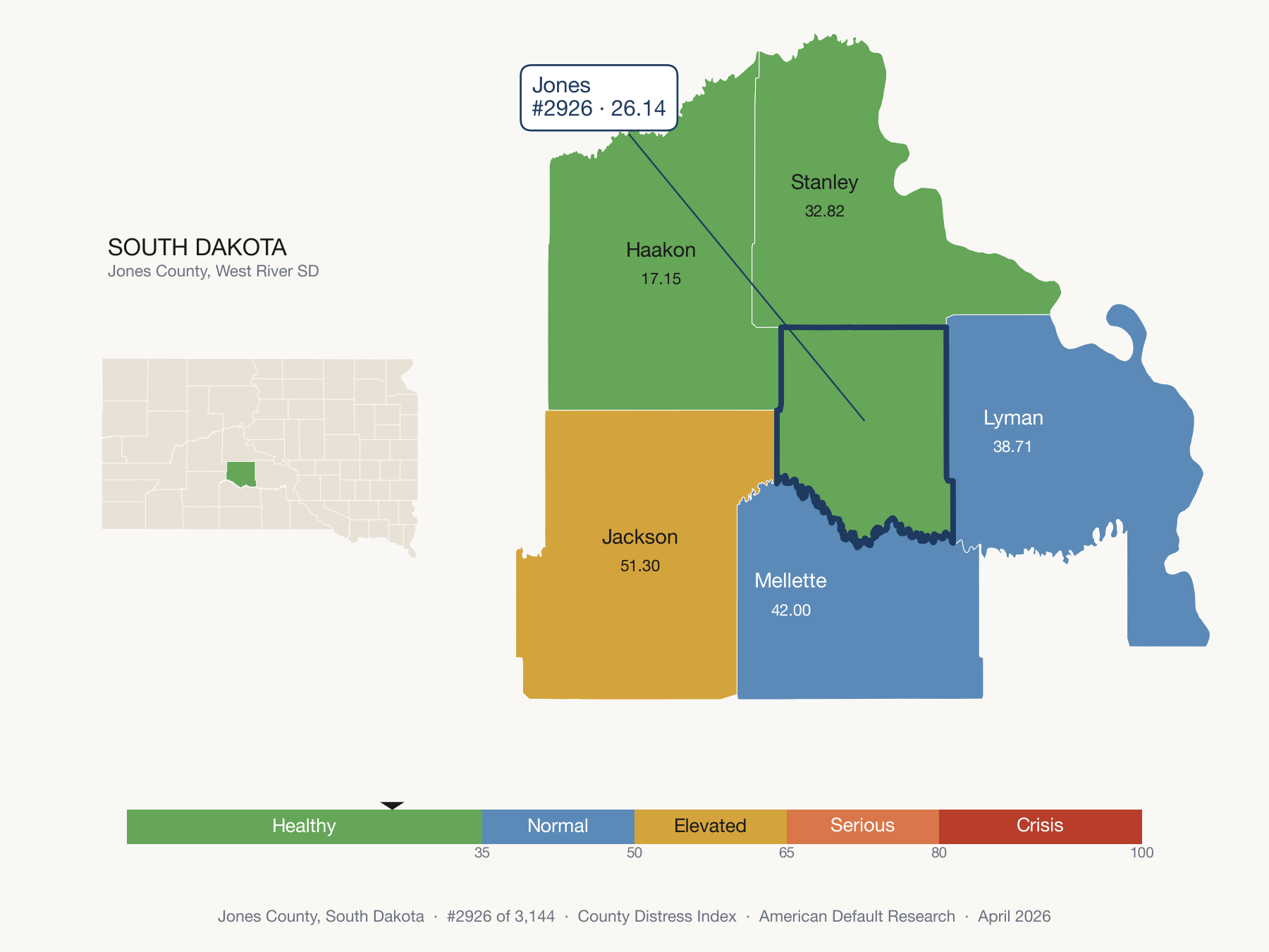 County Distress Index cluster map. Jones County, South Dakota and its neighbors colored by distress fifth.