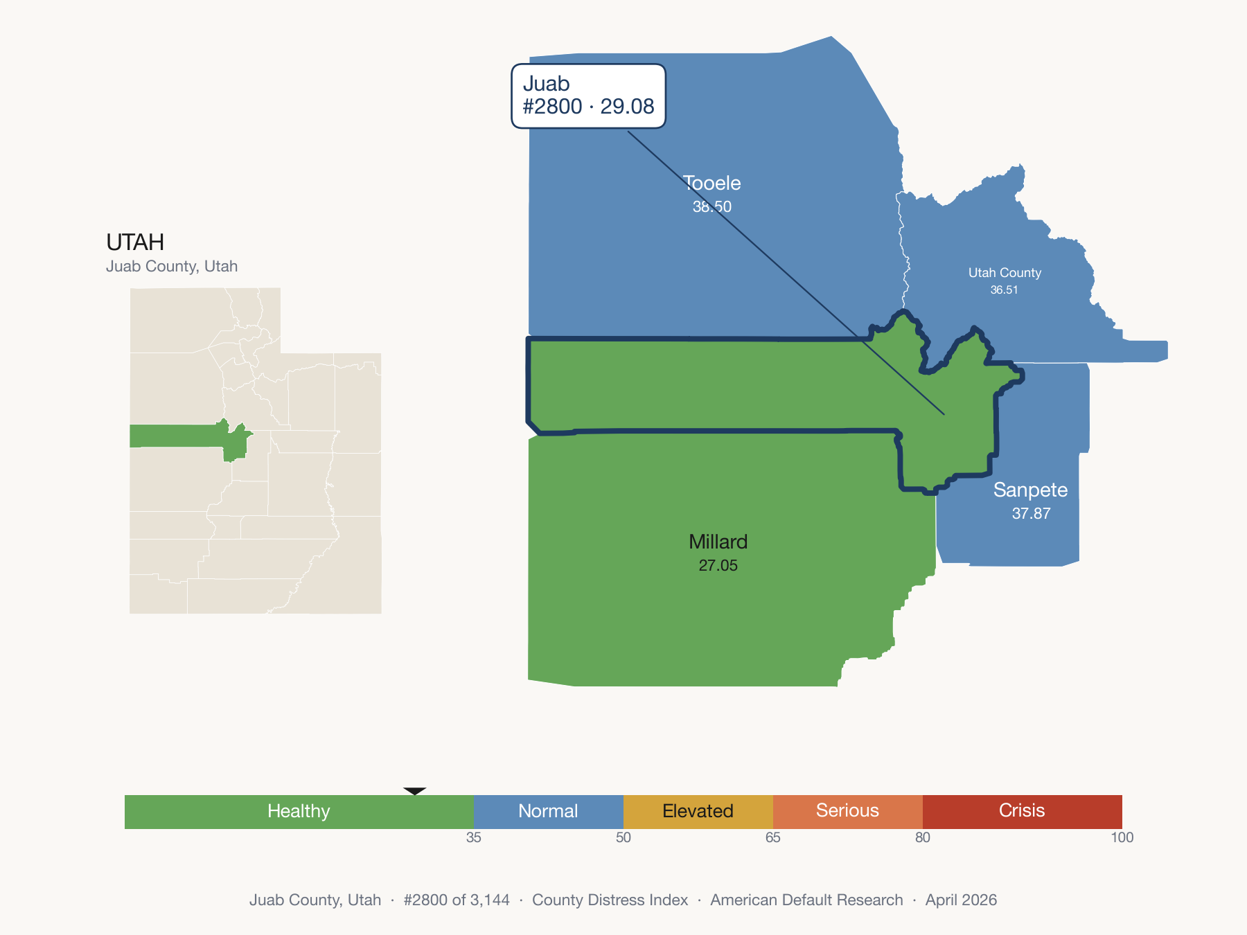 County Distress Index cluster map. Juab County, Utah and its neighbors colored by distress fifth.