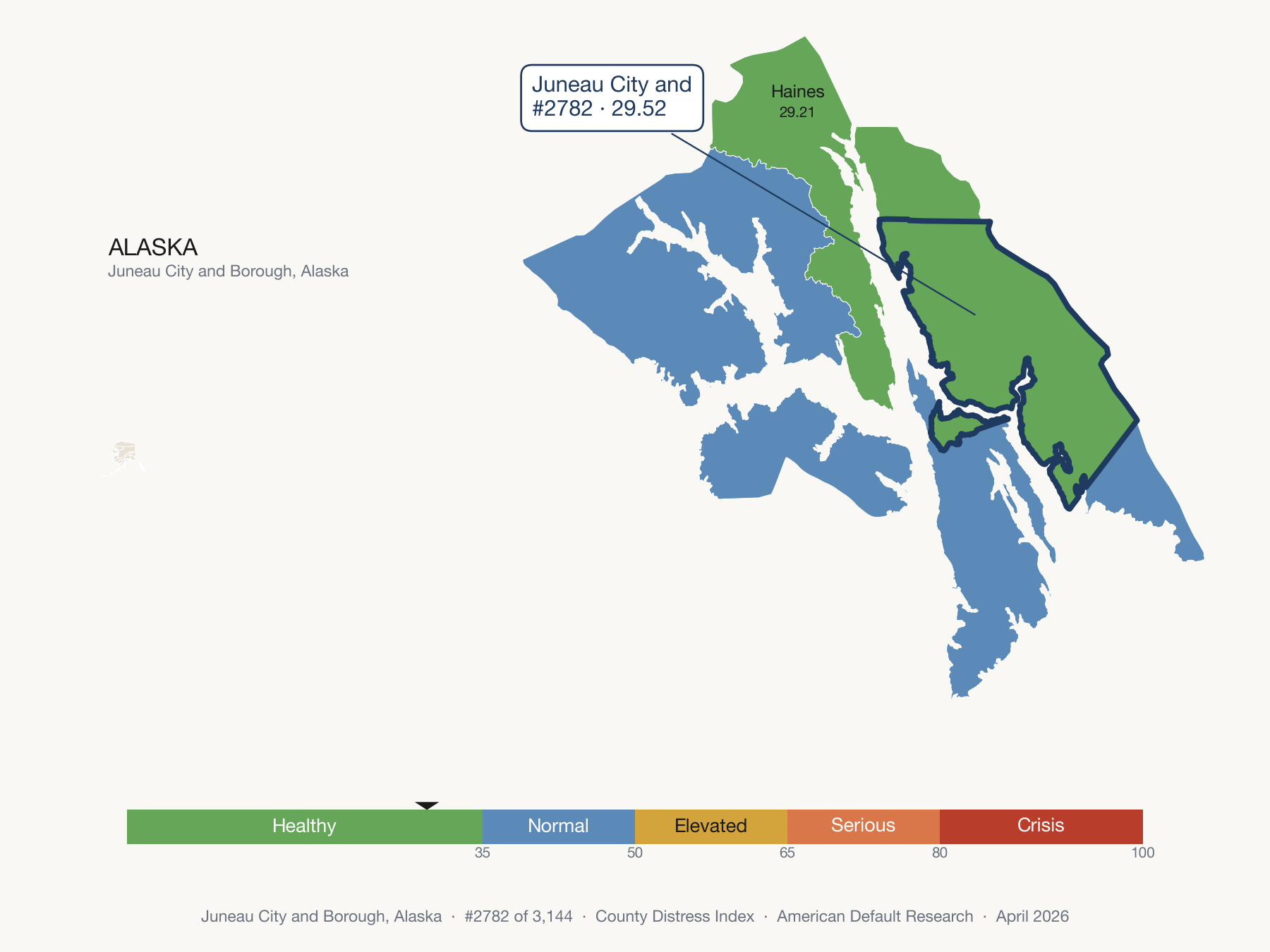 County Distress Index cluster map. Juneau City and Borough, Alaska and its neighbors colored by distress fifth.