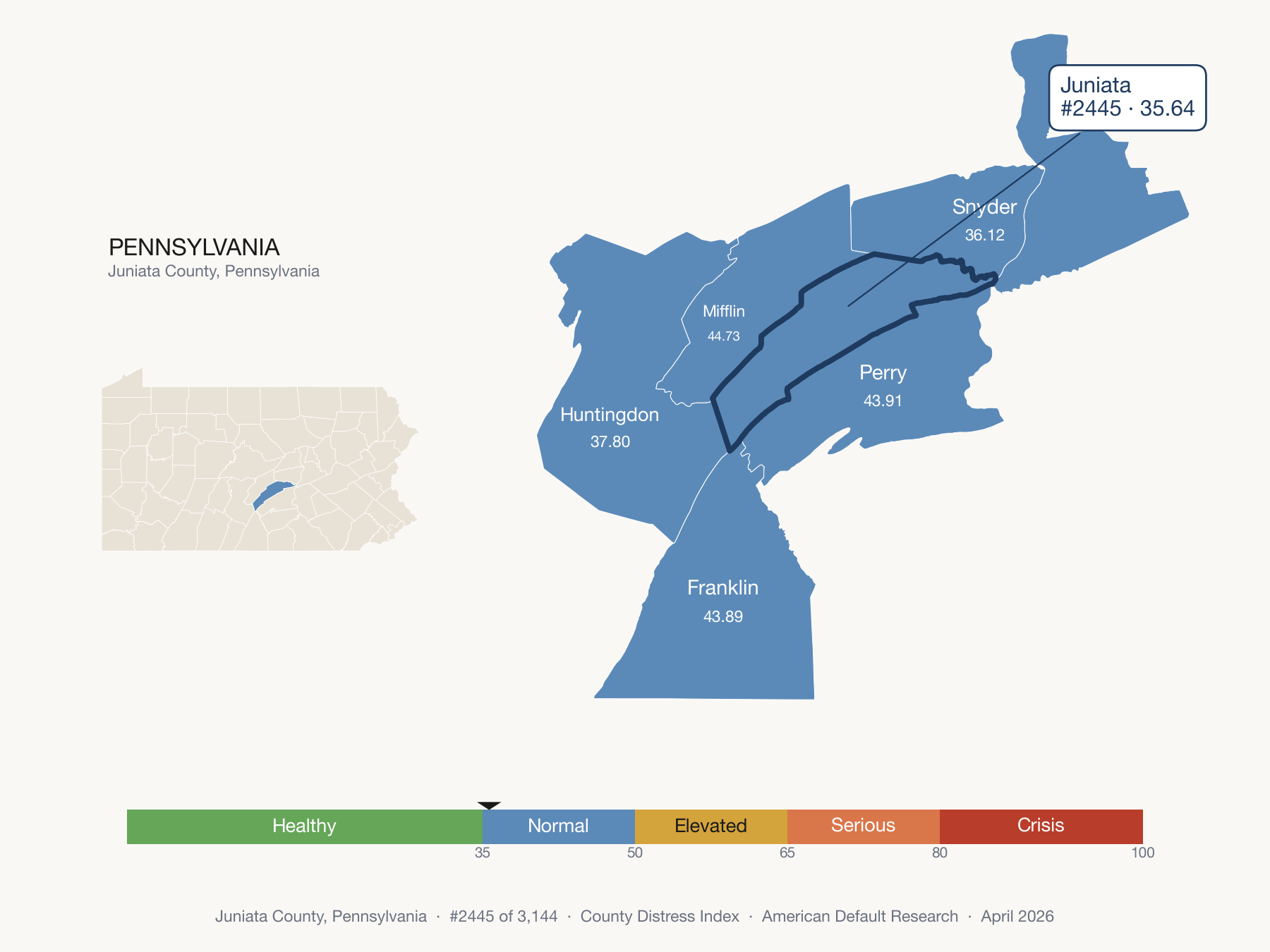 County Distress Index cluster map. Juniata County, Pennsylvania and its neighbors colored by distress fifth.