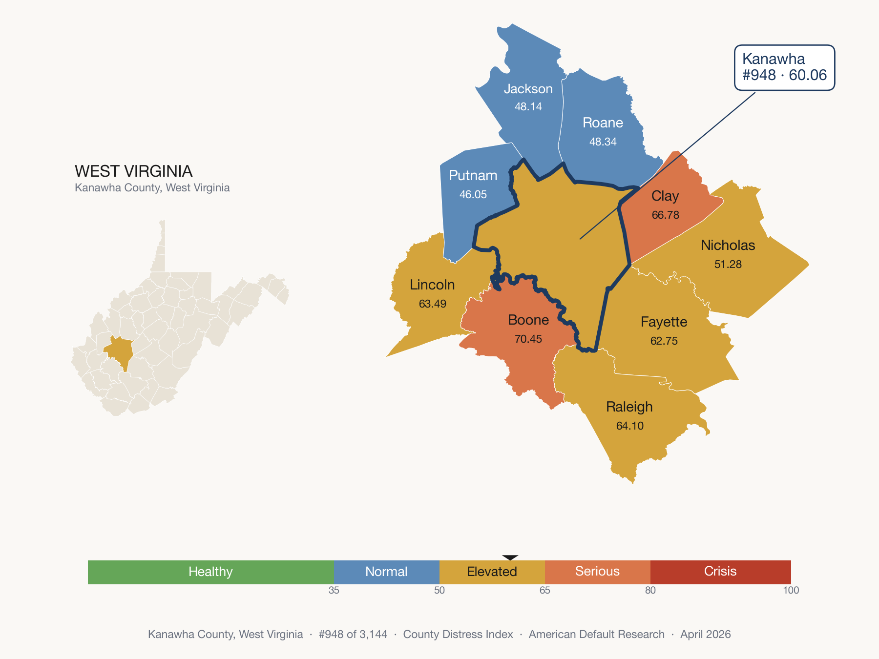 County Distress Index cluster map. Kanawha County, West Virginia and its neighbors colored by distress fifth.