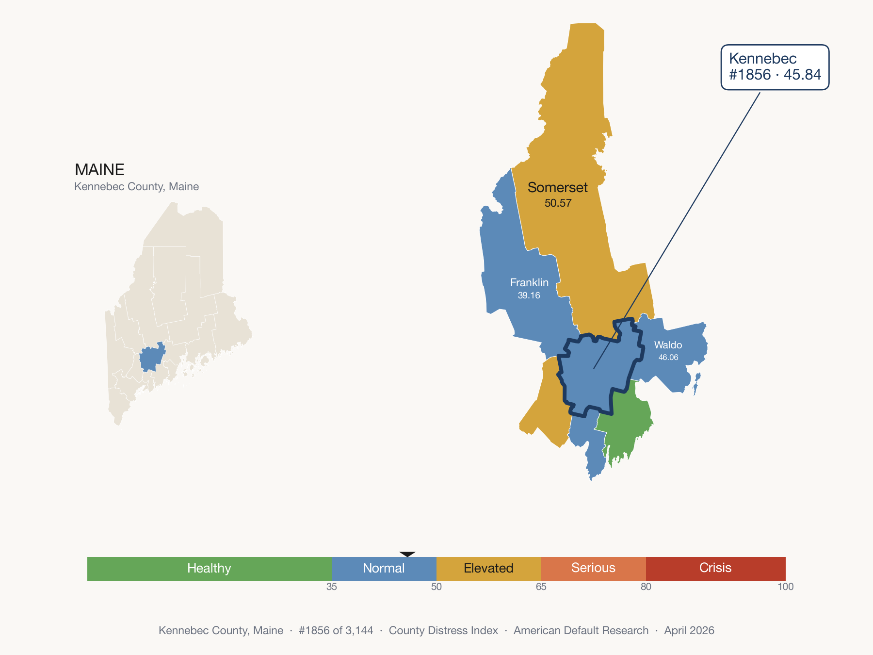 County Distress Index cluster map. Kennebec County, Maine and its neighbors colored by distress fifth.