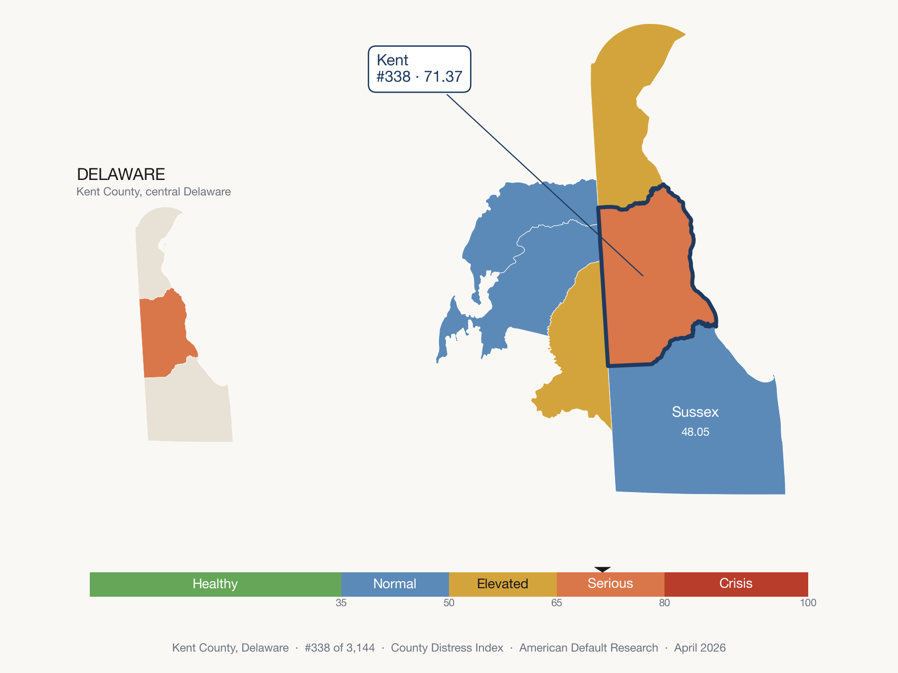 County Distress Index cluster map. Kent County, Delaware and its neighbors colored by distress fifth.
