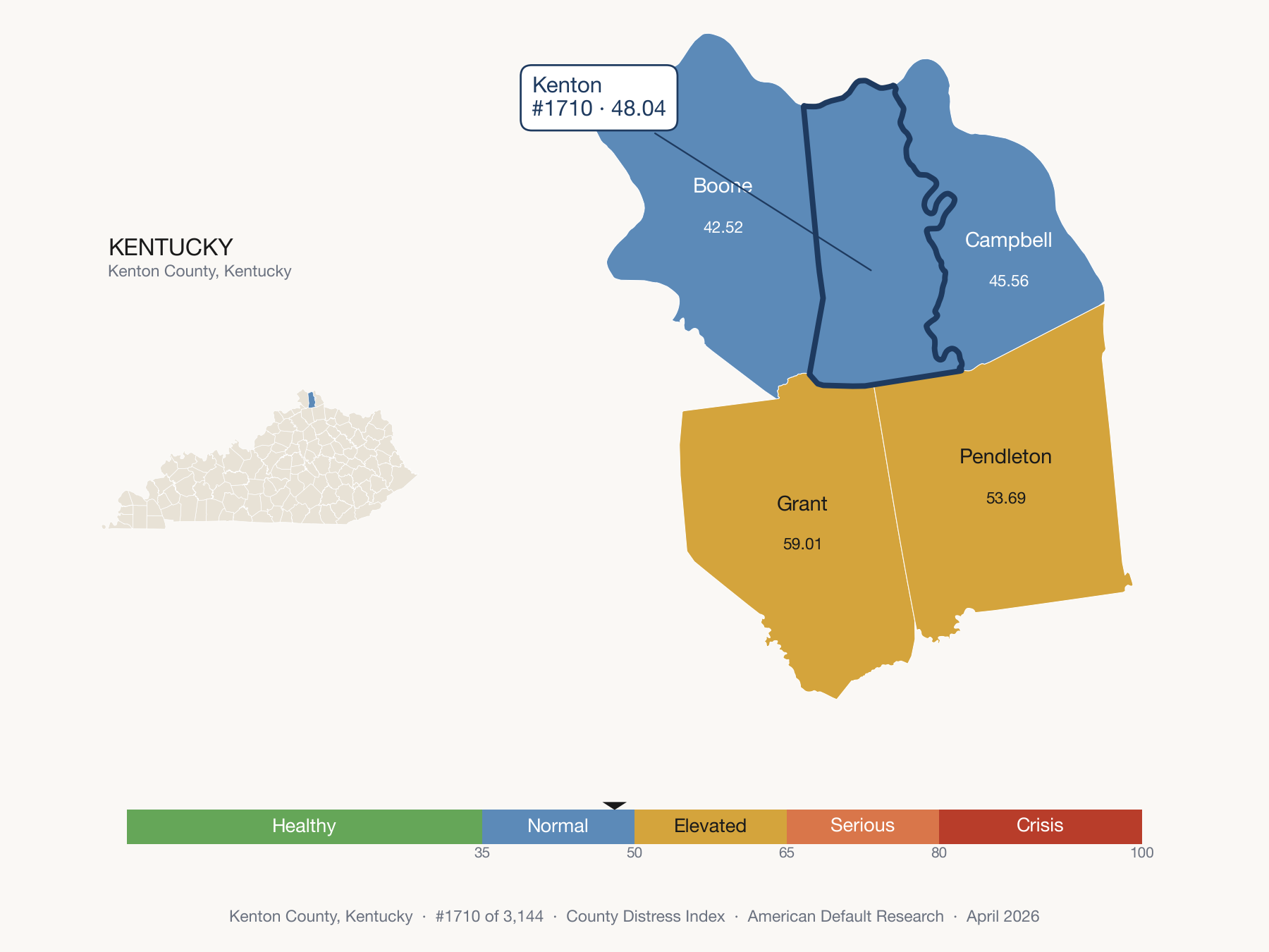 County Distress Index cluster map. Kenton County, Kentucky and its neighbors colored by distress fifth.