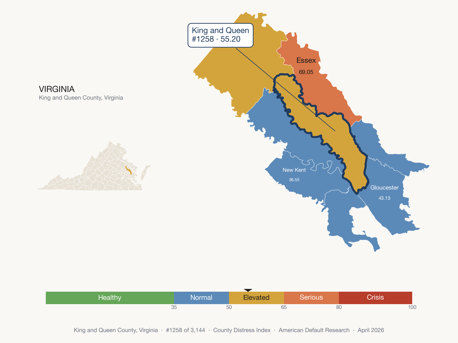County Distress Index cluster map. King and Queen County, Virginia and its neighbors colored by distress fifth.
