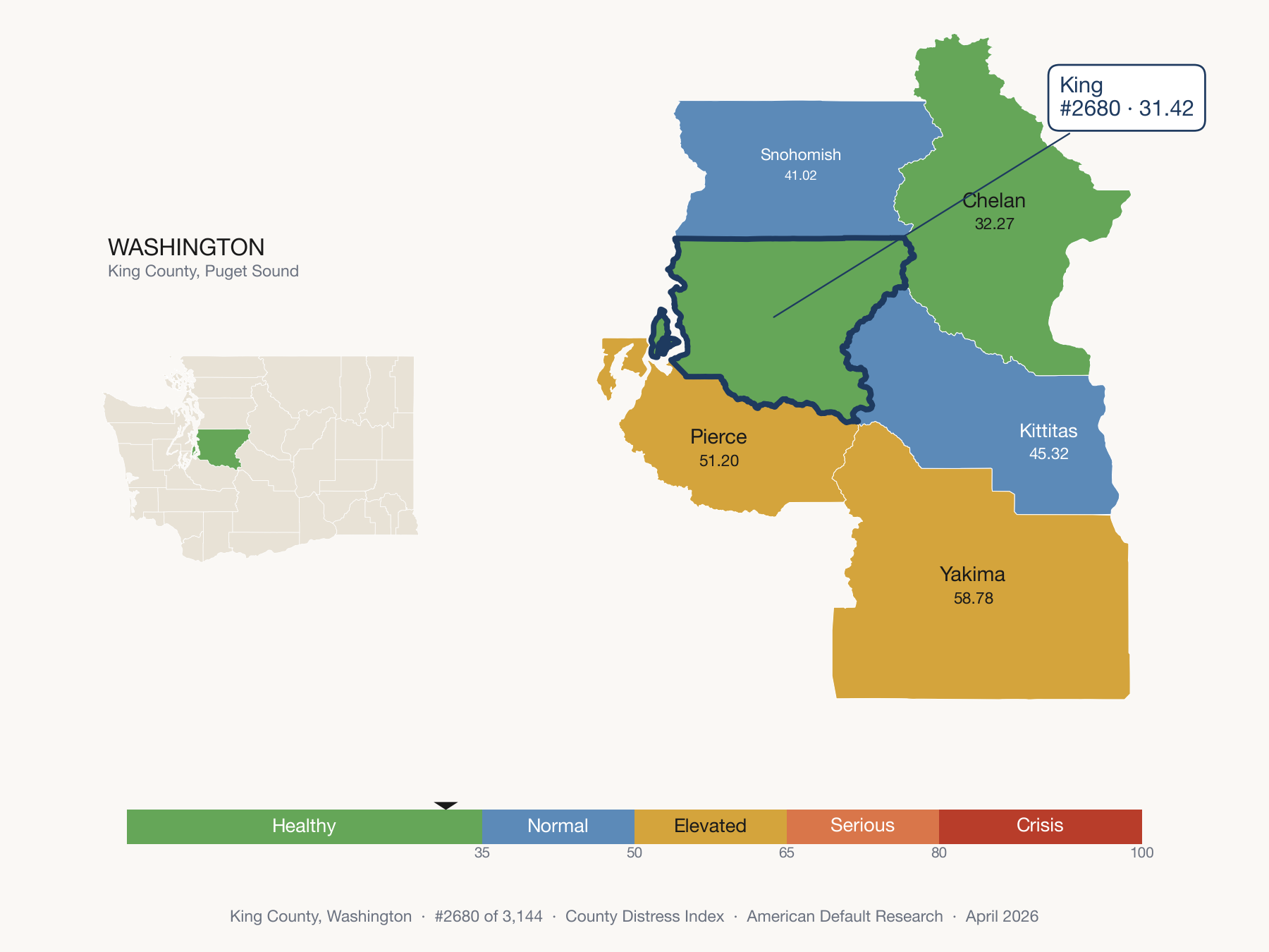 County Distress Index cluster map. King County, Washington and its neighbors colored by distress fifth.