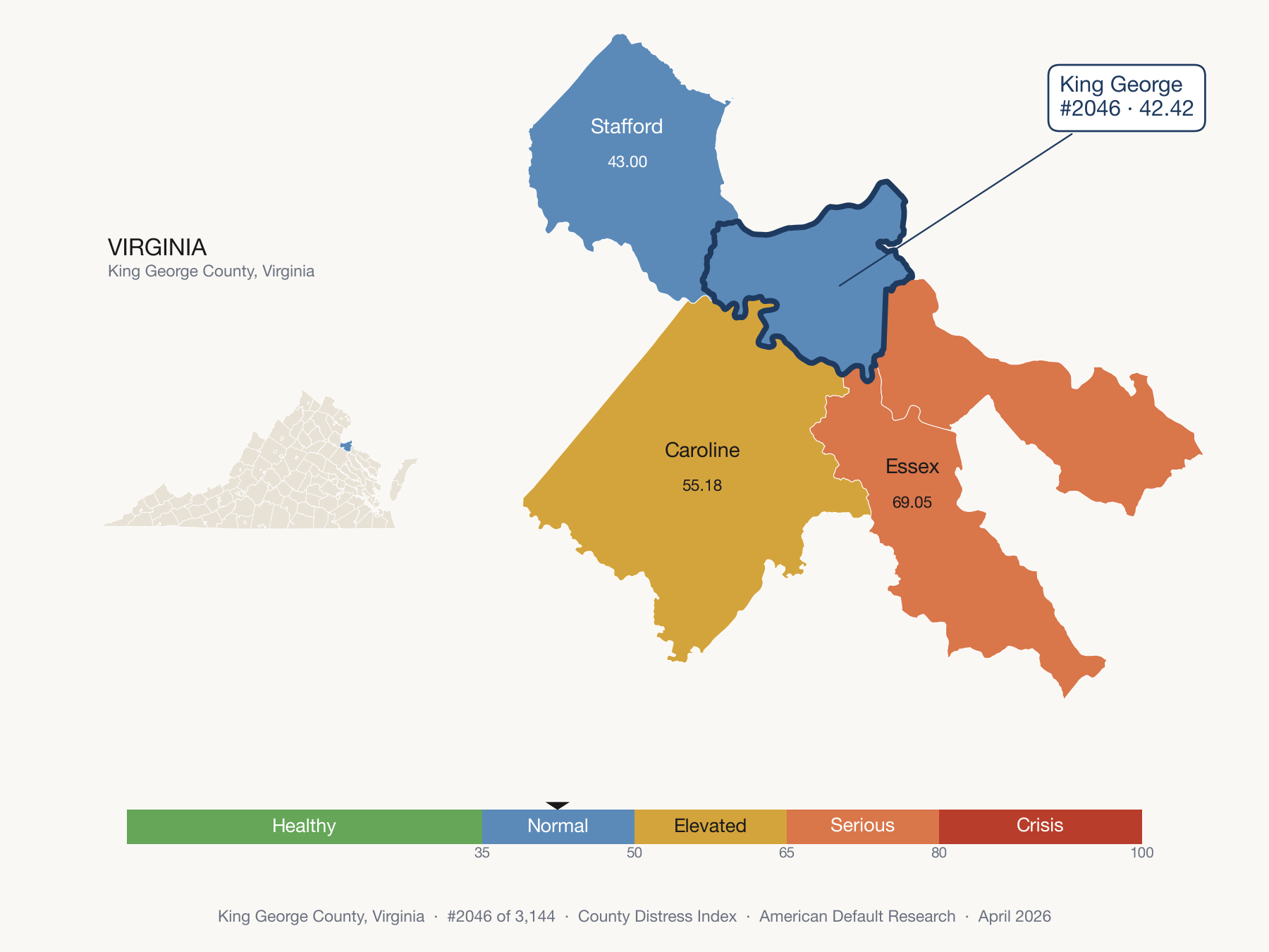 County Distress Index cluster map. King George County, Virginia and its neighbors colored by distress fifth.
