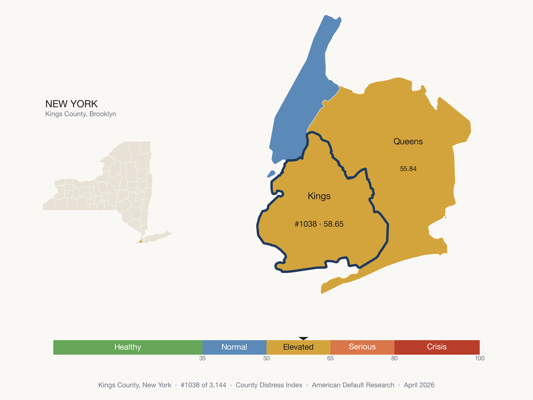 County Distress Index cluster map. Kings County, New York and its neighbors colored by distress fifth.
