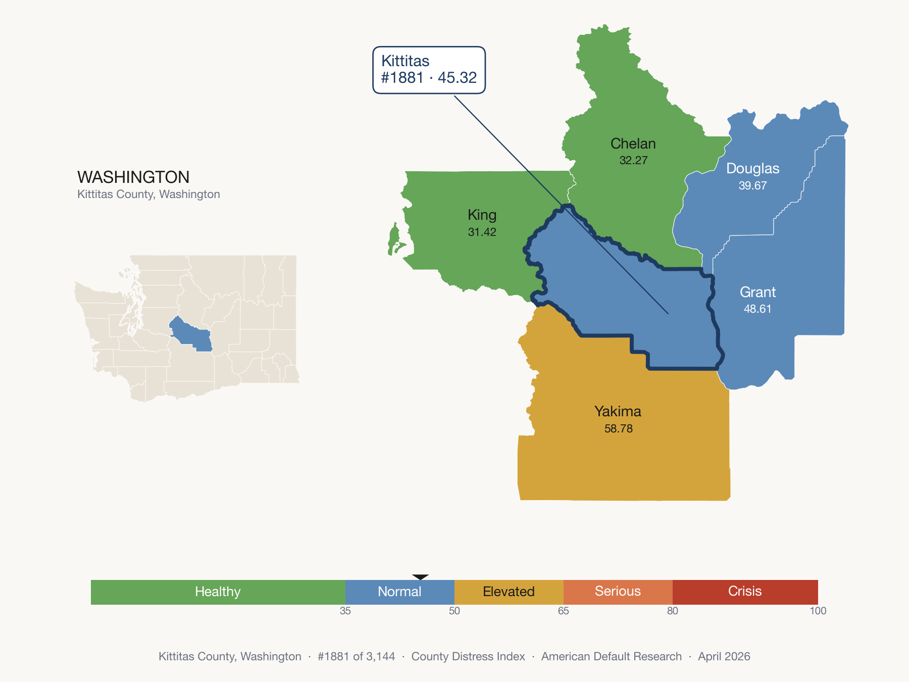 County Distress Index cluster map. Kittitas County, Washington and its neighbors colored by distress fifth.