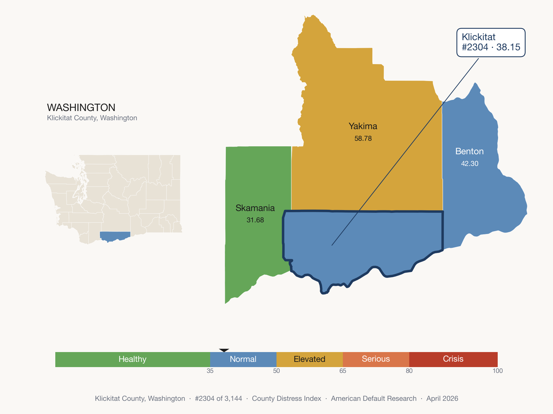 County Distress Index cluster map. Klickitat County, Washington and its neighbors colored by distress fifth.